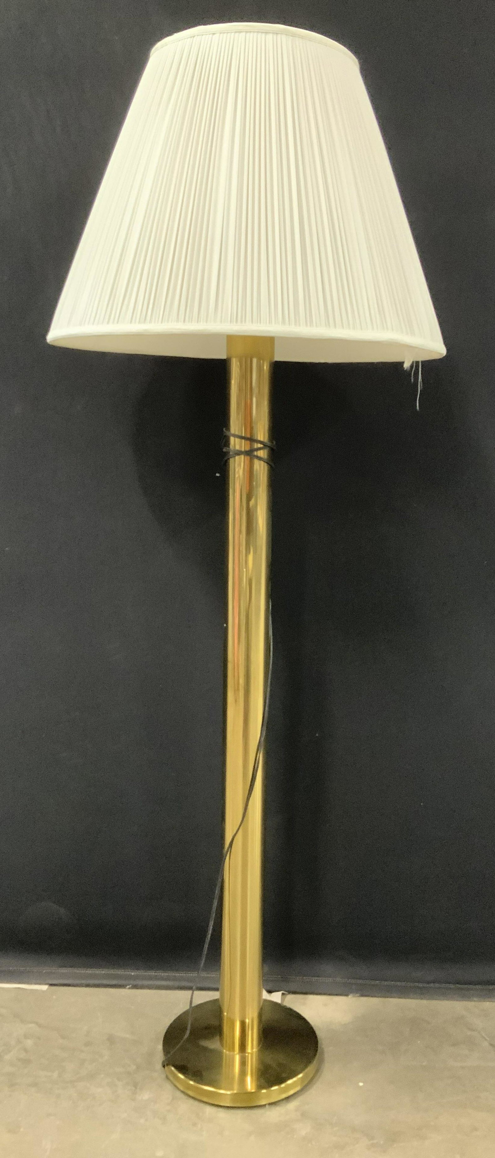 Cylindrical Brass Floor Lamp, Lighting: Brass floor lamp with circular base and cylinder form design, measures to finial ht 60 inches diameter of base app 12 inches, home lighting and accessories, home decor, home accent, floor lamp
