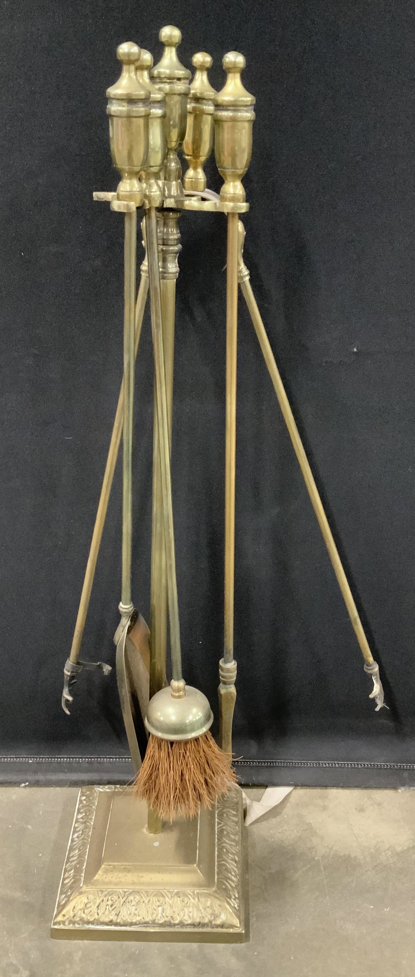 Brass Fireplace Tools w Stand: Fireplace tool set, fireplace accessories, stand measures ht 29 inches, comes with brush, shovel, tings, poker and broom