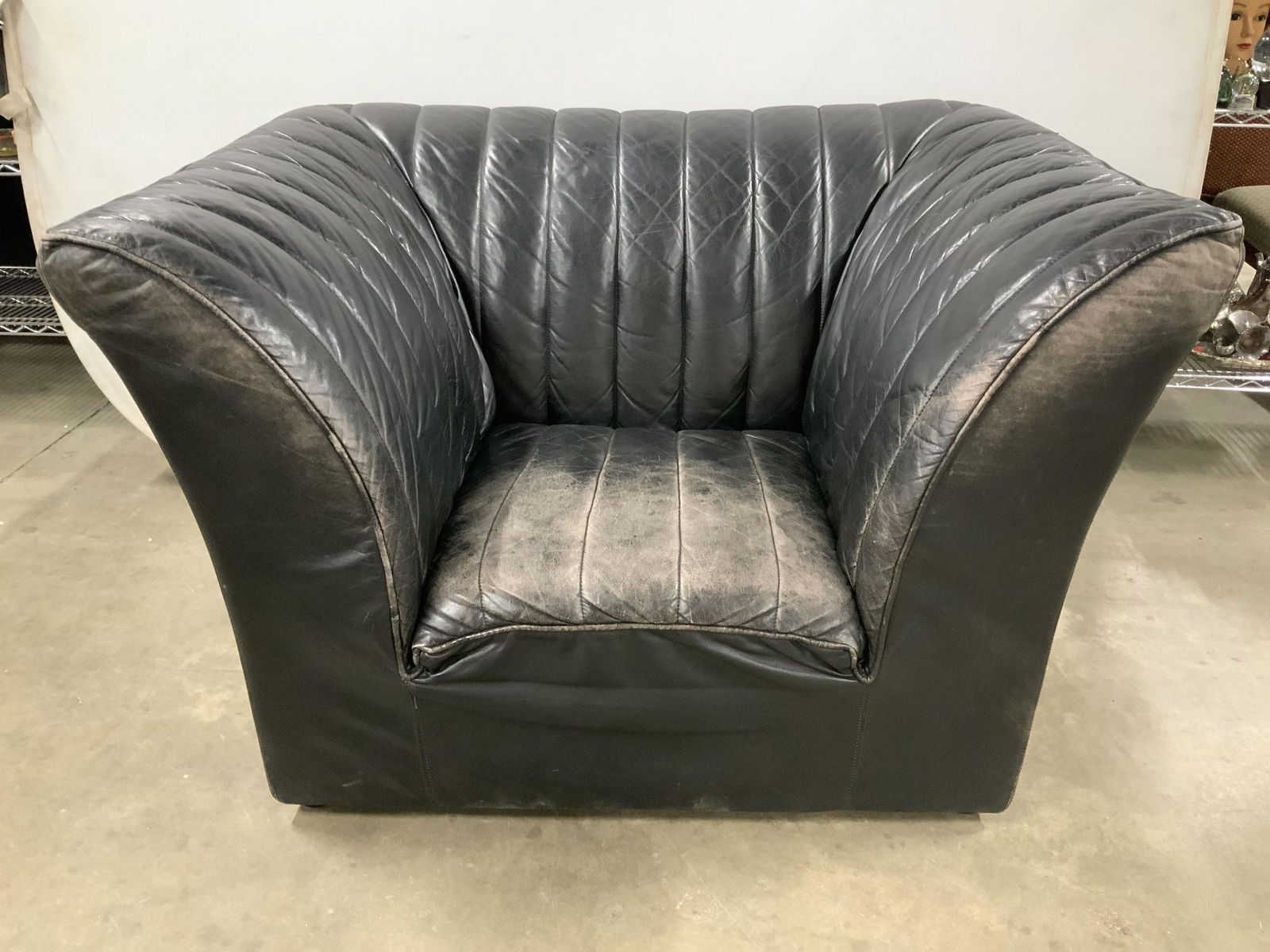 PACE Collection,Black Leather Retro Club Chair: Label underside reads made in Italy, MARIANI, exclusively made for the Pace Collection Inc, MCM, mid century Modern Design, Oversized black leather club chair, has significant wear, splayed arms, Chan