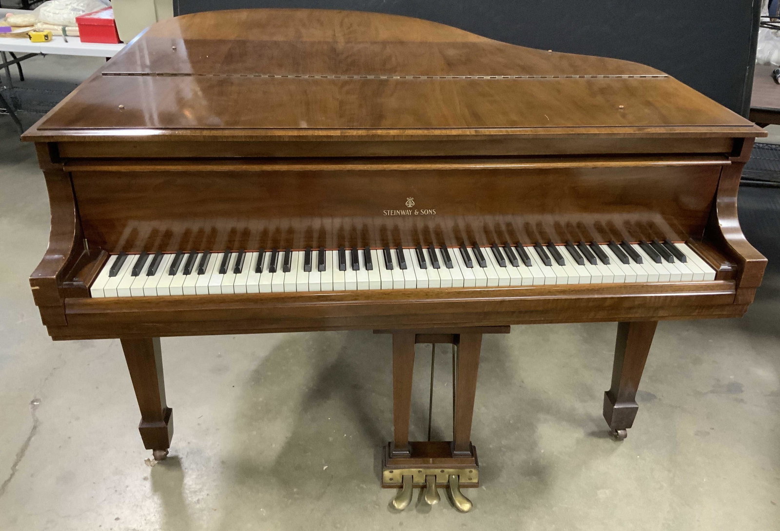 STEINWAY & SONS Baby Grand Piano w Bench 9328: number under keys behind panel reads 93285Steinway and Sons baby grand piano, on casters,number inside reads 294835,additional mark on sound board for N A Q 3285, musical instrument, piano measures ht