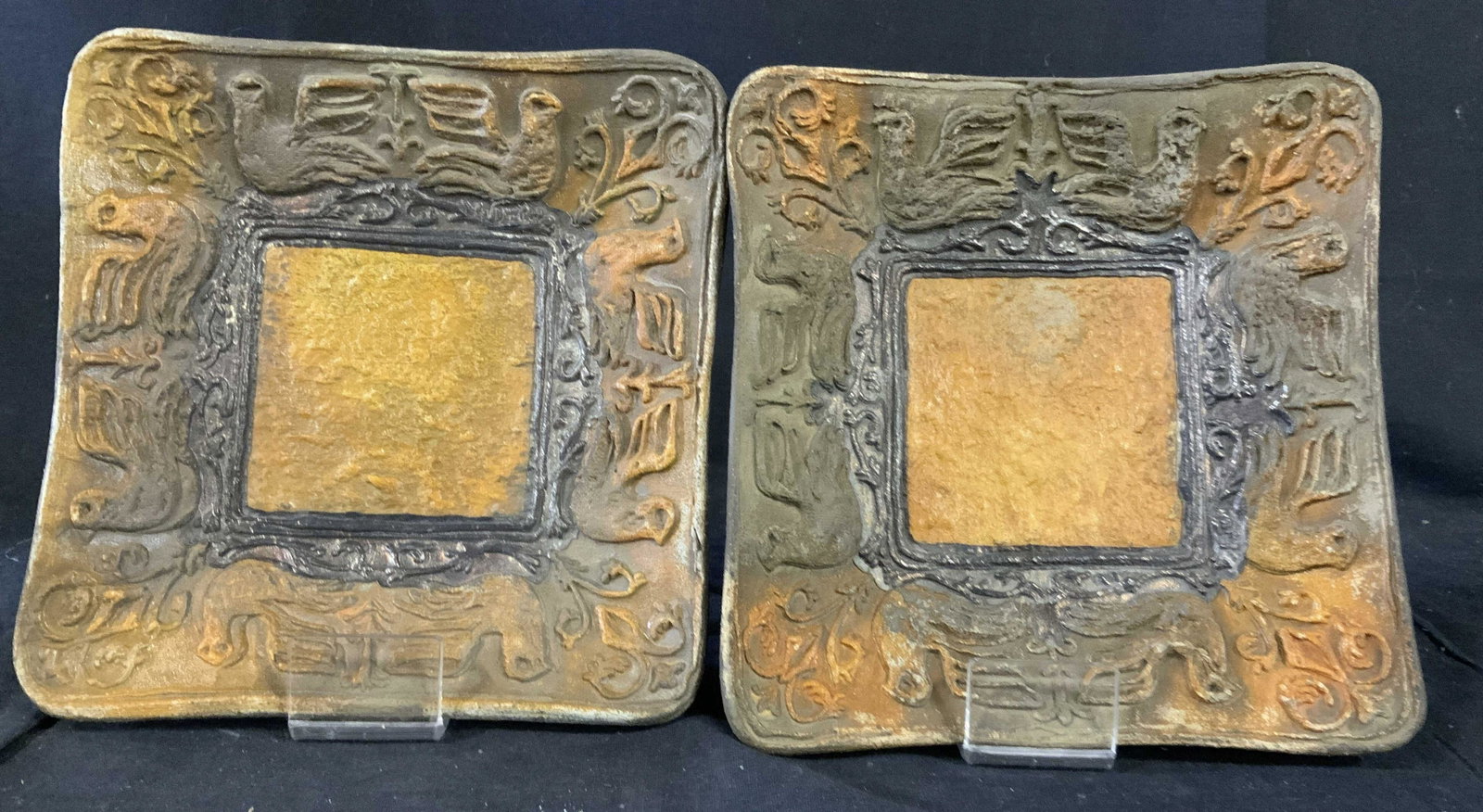 Pair Israeli Hand made Ceramic plates: Signed on back illegibly, also marked made in Israel, ceramic pottery display works, each comes w lucite stand, each measures 8 by 7 inches, Judaica, hebraica, Israeli crafts, tableware, tabletop deco