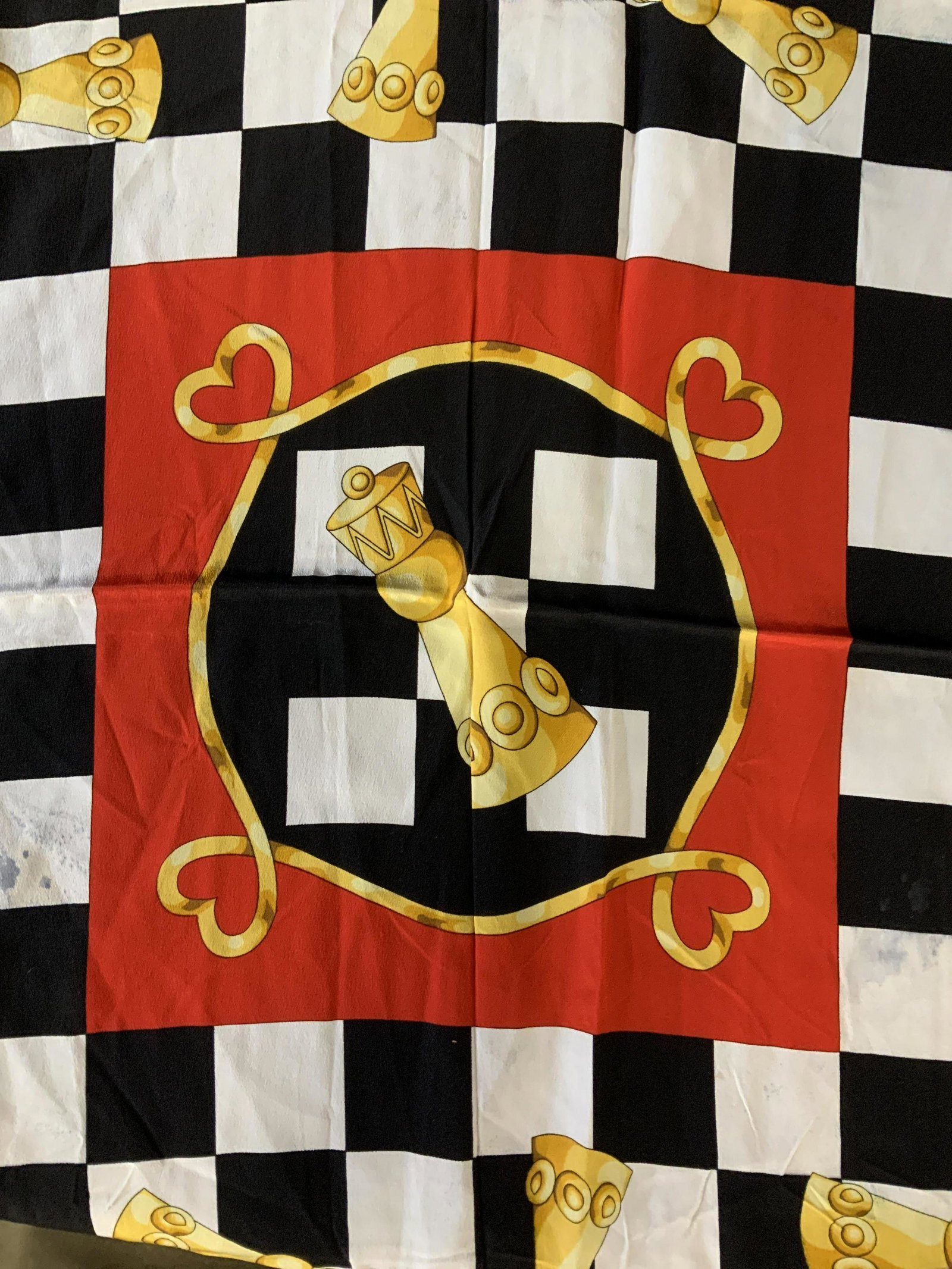 Vintage Paloma Picasso Chess Board Silk Scarf: Red white black and gold silk scarf in Chess board design, corner reads Paloma Picasso Parfums, possibly vintage promotional scarf for perfume line introduction at Tiffany and Company New York, fashio