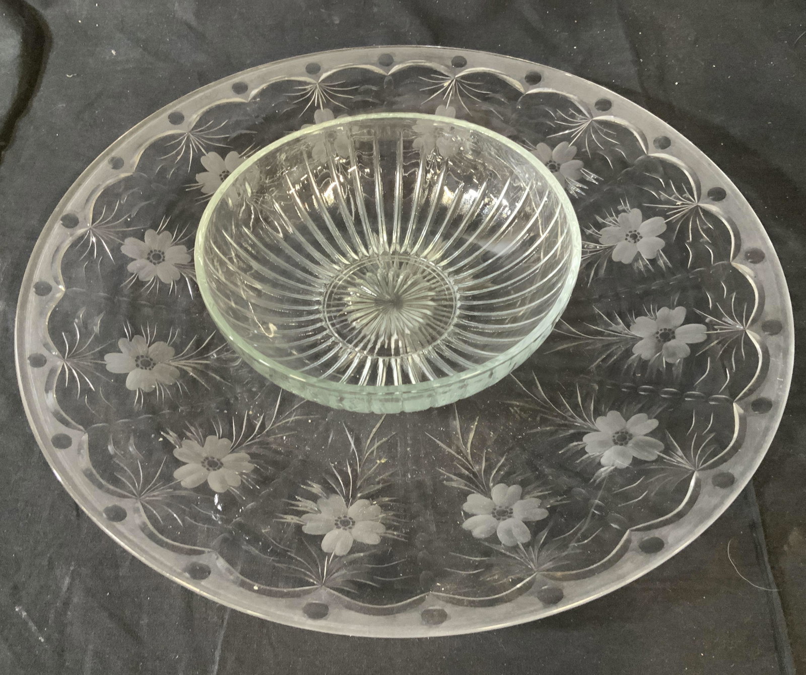 Glass Serving Platter and Bowl: Diameter of platter app 16 inches, center starburst pattern, tableware, floral borders, glass bowl ht app 3 inches ht