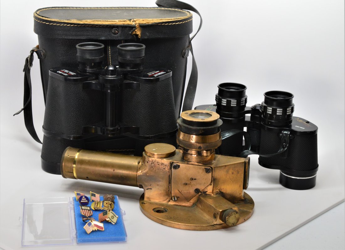 Lot of Vintage Military Items: Selsi Lightweight 7 x 35 Binoculars Made in Korea; Tasco Light Weight 10 x 50 Binoculars w Original Case - Model 512; Collection of Patriotic Lapel Pins; Brass U.S. Nay OS 505-GA Televation No. MKI Gu