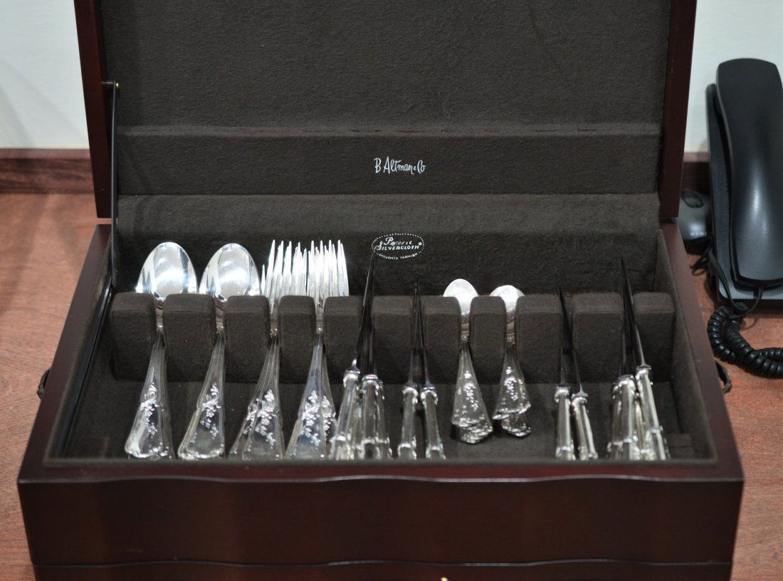Large Lot of Silverplate Serving Pieces in Box: Mahogany Box w 37-piece matching set and more Large Mahogany Box w/3 handles and pull-out drawer from B.Altman & Co. and 37-piece matching serving utensils (12 spoons,12 knives, 12 forks, 1 ladle) 50-