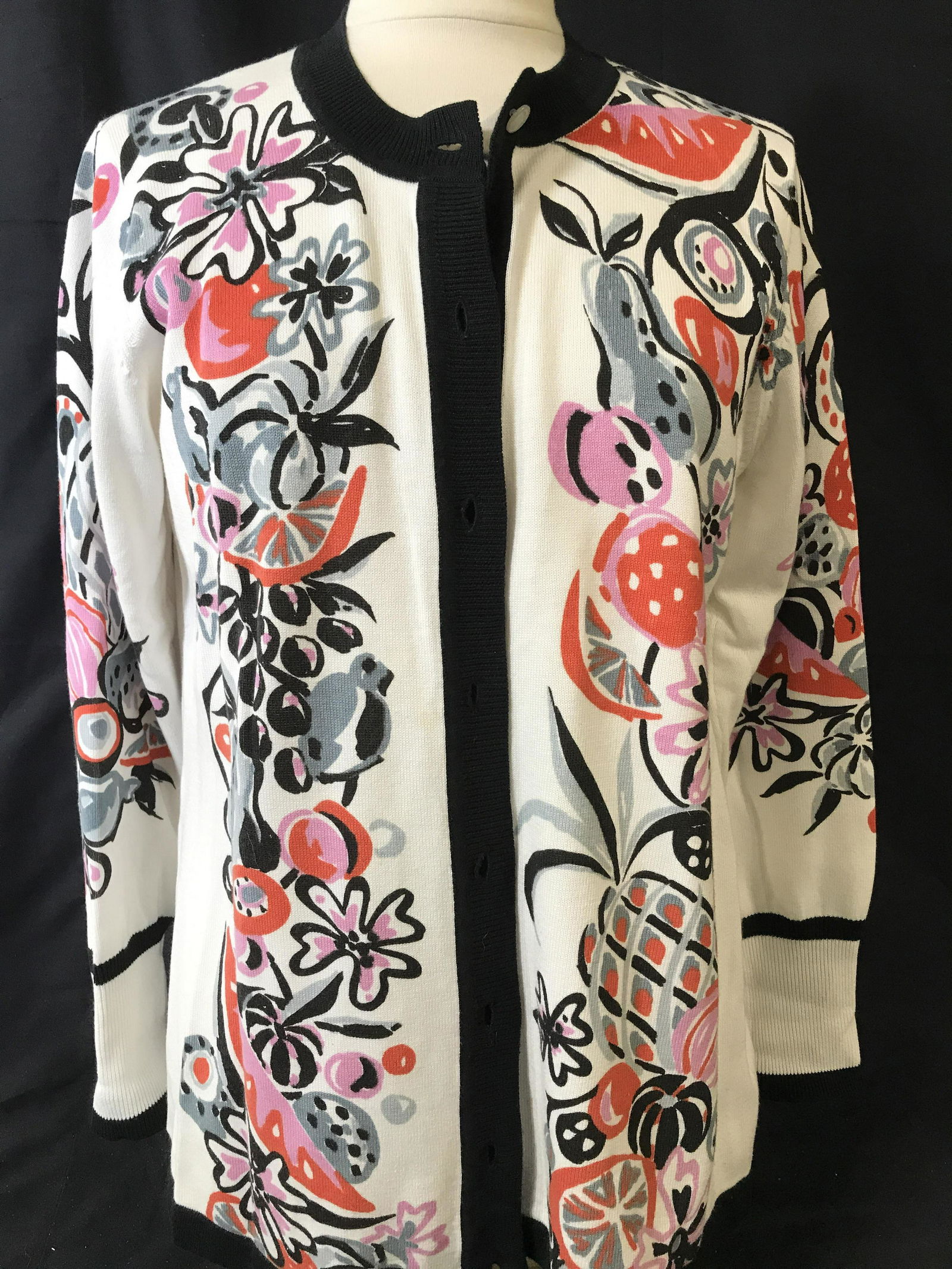 Bob Mackie Cotton Button Down Spring Cardigan, M: From his high-end ready-to-wear line, long sleeve lightweight crew neck cardigan, fruit & flower print design, roomy, 60% Cotton, 40% acrylic, care instruction label and designer label attatched. Coup