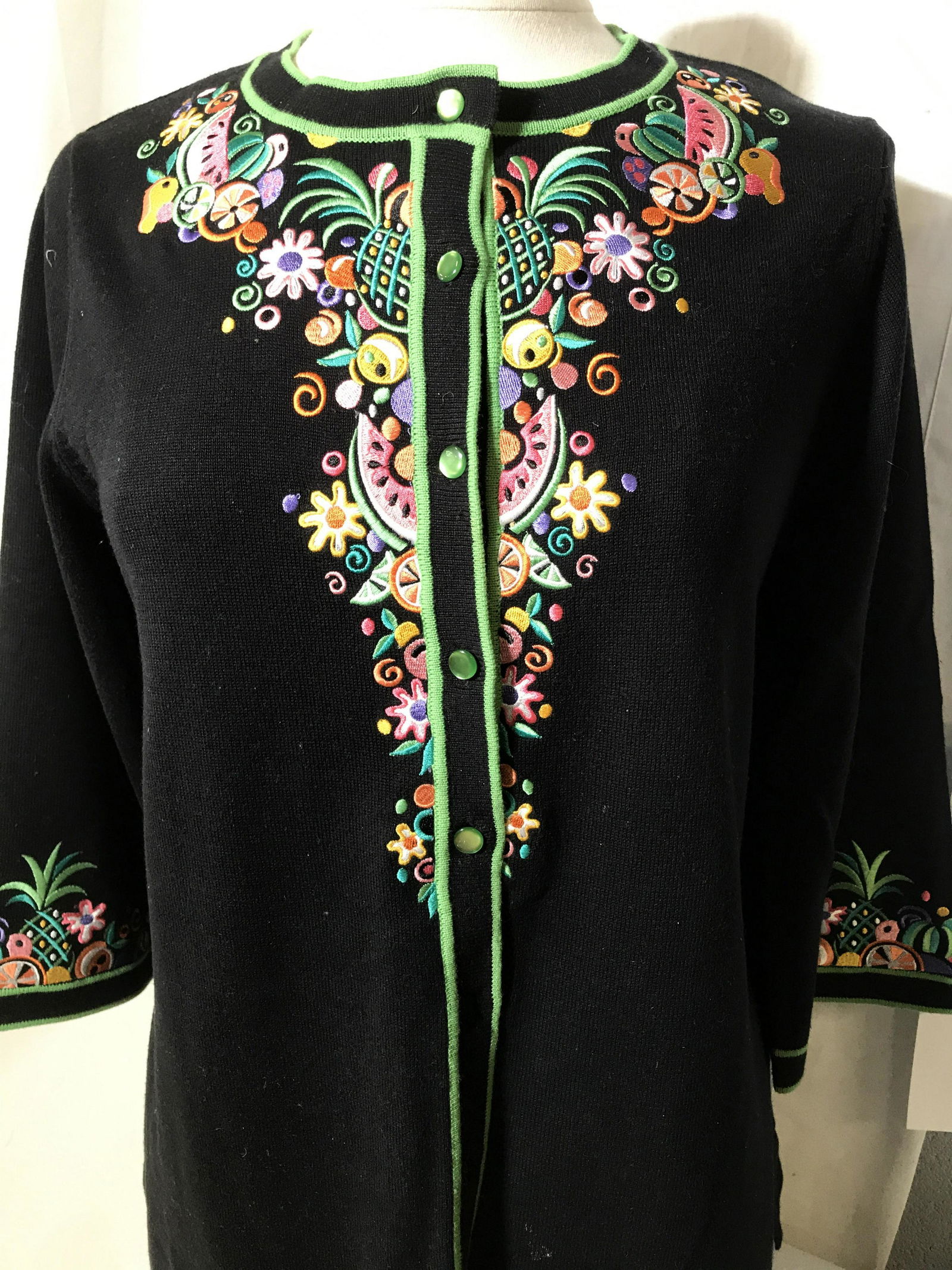 Bob Mackie Embroidered Appliqué Fruit Sweater, M: Long sleeve button down Bob Mackie sweater from his high-end ready-to-wear line. Bright Colored Embroidered Fruits ( pineapple, watermelon, pear, orange, more) along hems. 60% Cotton, 40% acrylic ( w/