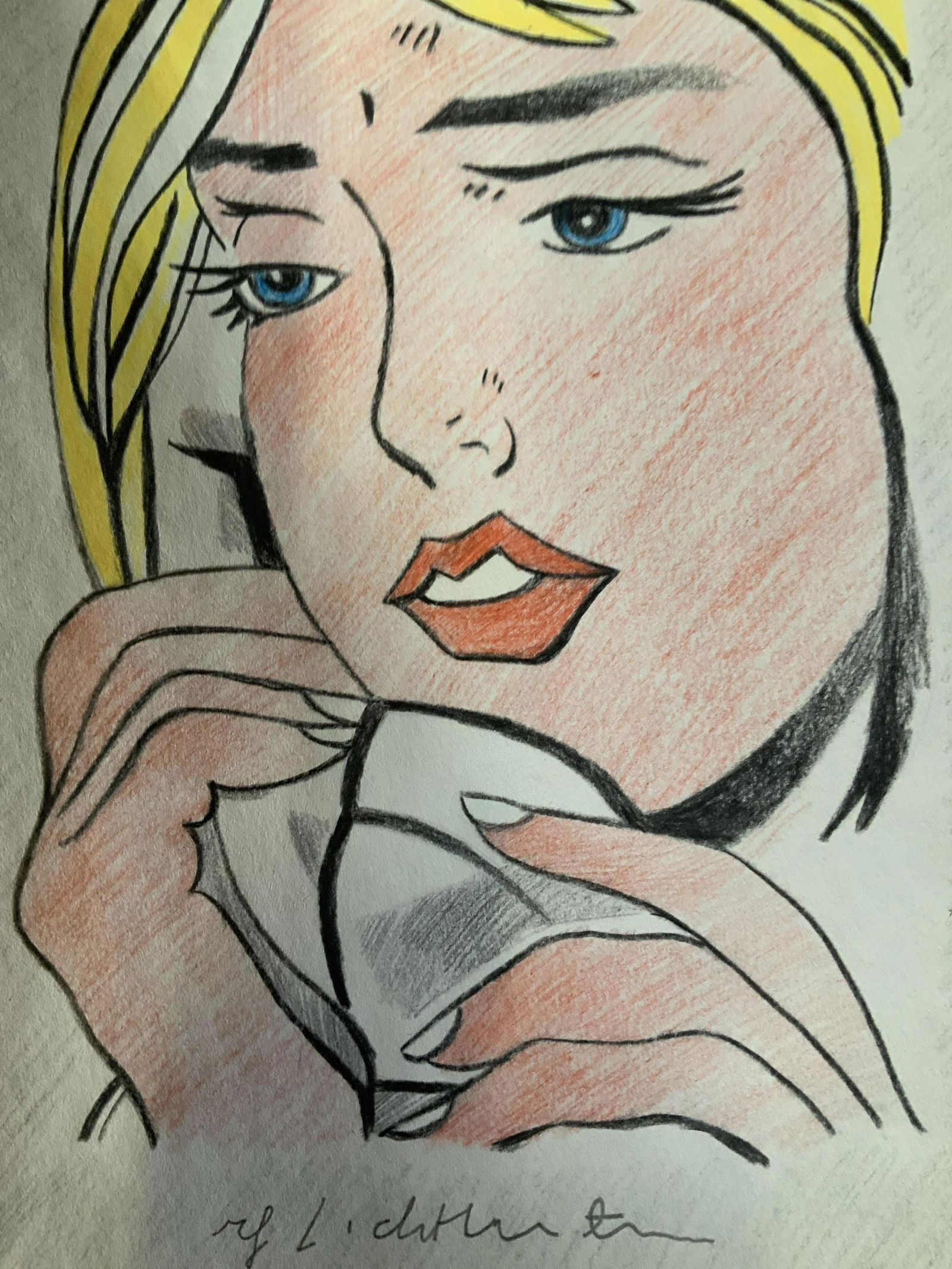 Pastel Illustration In The Style of Lichtenstein: Illustration in the style of Lichtenstein , comic strip style pop art, measures 10 by 8.5 inches, stamp on back reads copyright 1973 by Roy Lichtenstein, printed by Styria Studio, All lots that do not