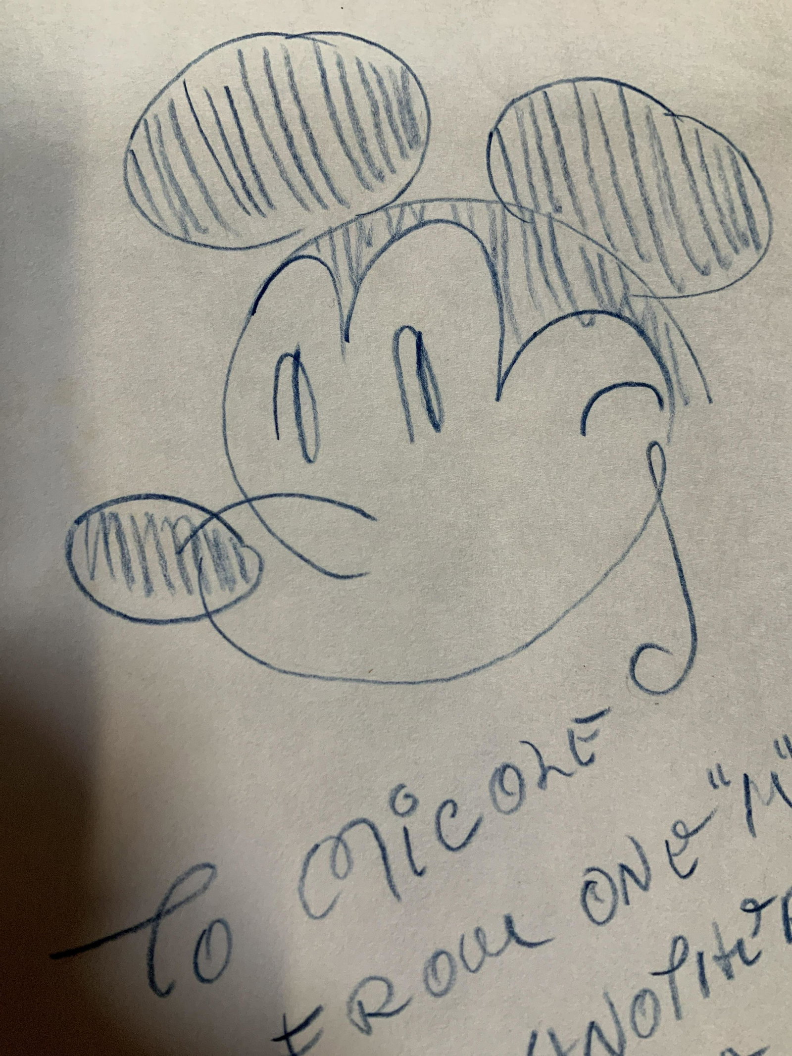 Mickey Mouse Illustration on Paper, after Disney: Paper has dedication which reads to Nicole from one “m” to another, best wishes from Walt Disney, unframed piece measures 10 by 7 inches, Mickey Mouse sketch, All lots that do not carry establishe