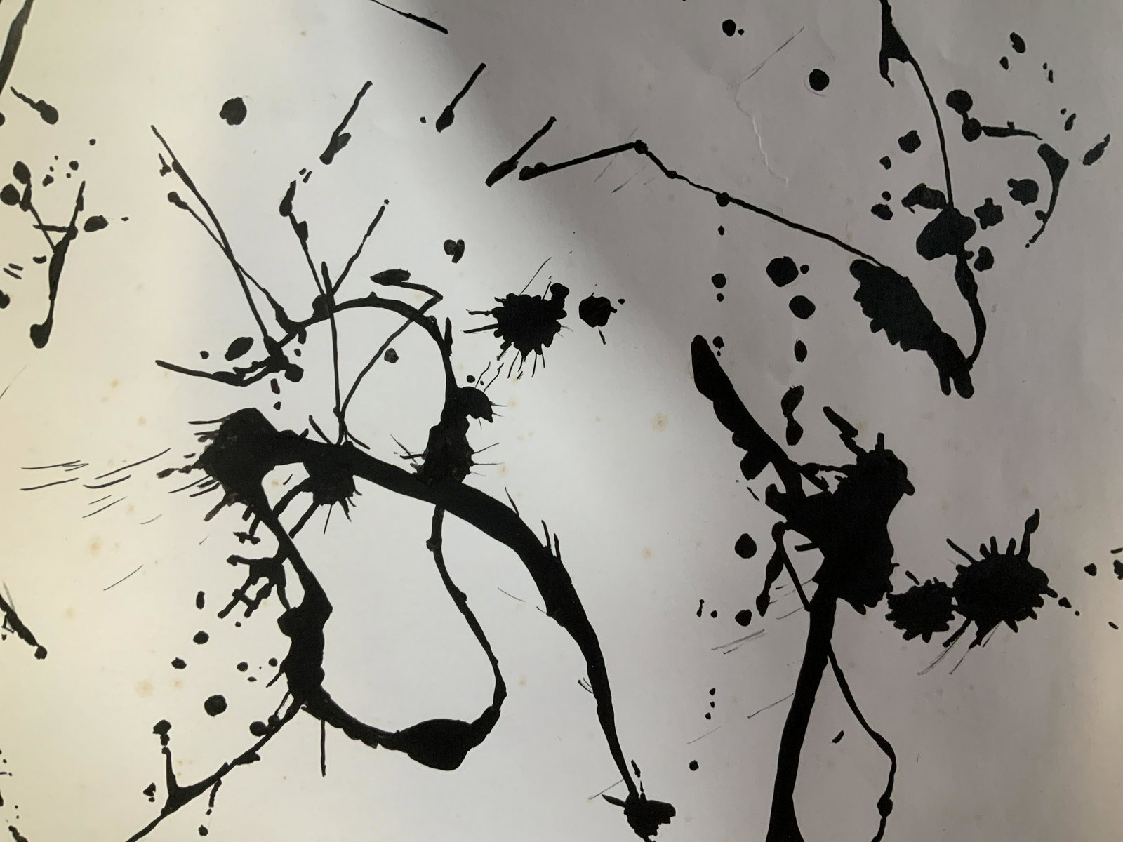 Ink Splatter On Paper Style of Pollock: In the style of Jackson pollock, ink splatter artwork, unframed measures 8 by 10 inches, abstract artwork paper has foxing, All lots that do not carry established documented provenance nor any past re