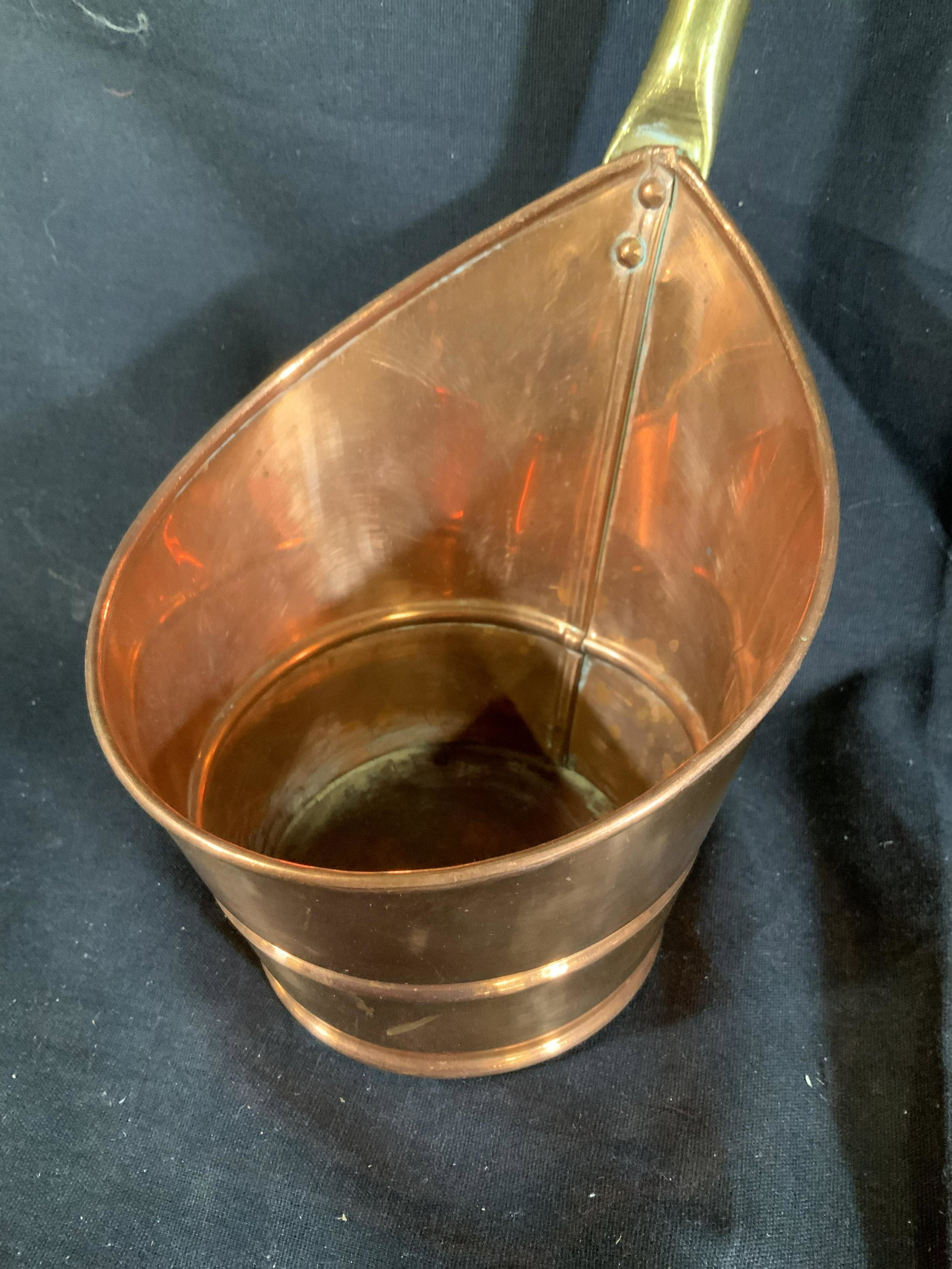 Antique Wood Handled Copper Hanging Pot: Antique or vintage kitchen accessory, collectible, decorative arts, ladle, pot, handled bowl, measures length 17 inches bowl ht app 6 inches