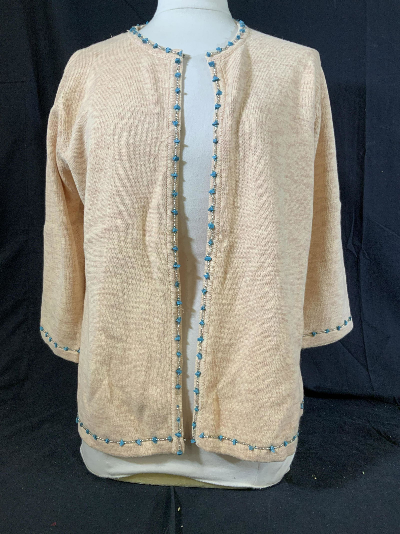 Story Book Knits Vintage Fashion Sweater: Snap up closure, tones of Orange with Turquoise Stones Trim, fits size medium, vintage fashion, vintage snap up or open sweater,some loss at back neck line of bead trim