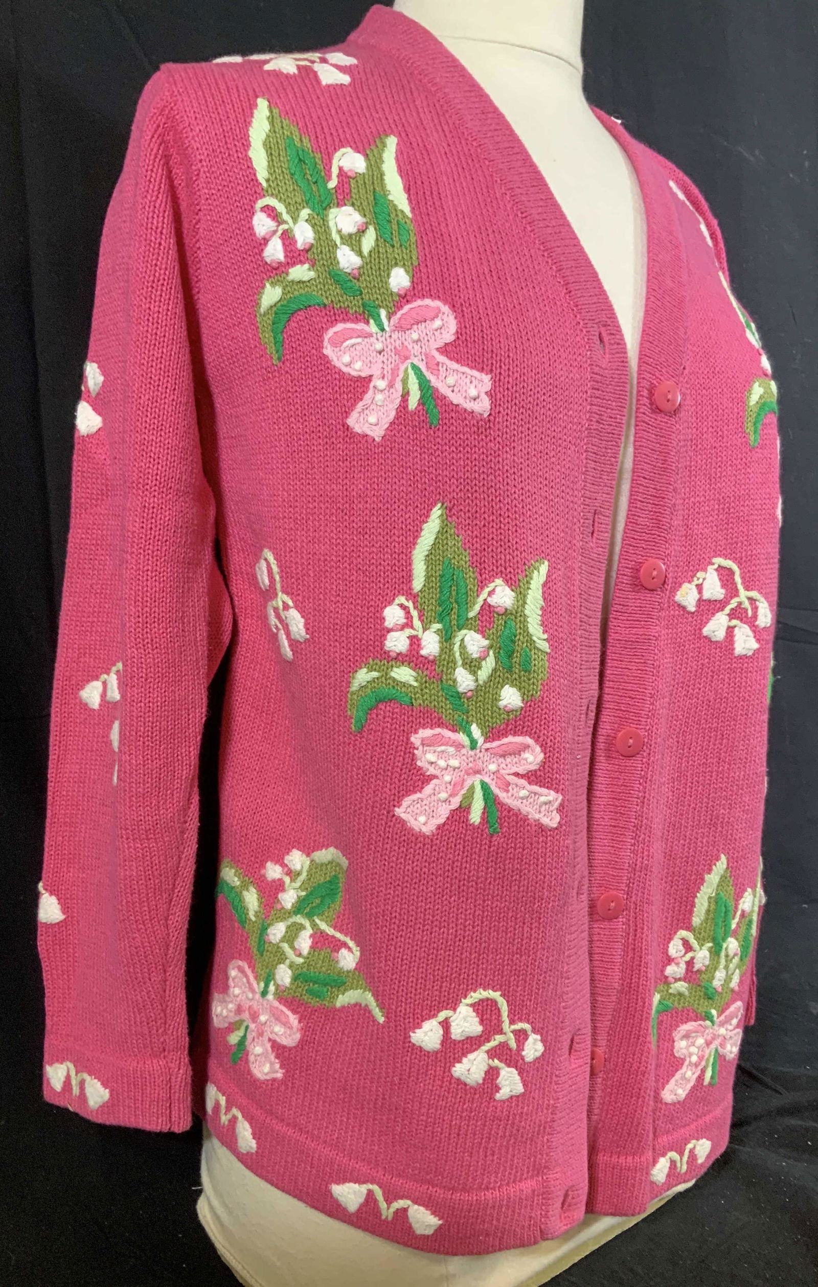 THE QUACKER FACTORY Vintage Sweater: Bright spring colors pink, greens and white, button up sweater, vintage fashion, vintage spring fashion, size small, hand appliqués, possibly never worn found in packaging