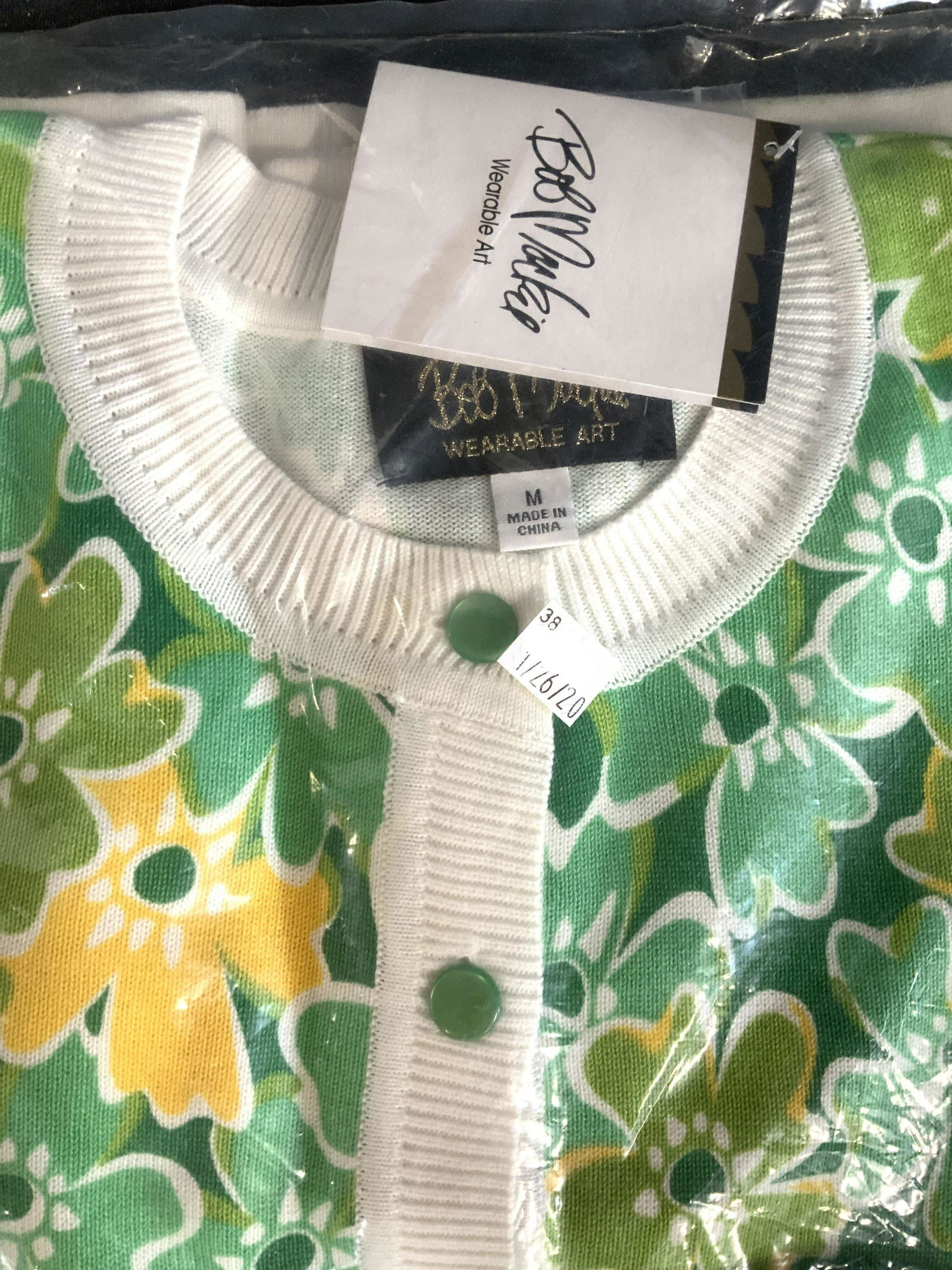 Bob Mackie Sweater Original Packaging: Vintage luxury designer Bob Mackie, Wearable Art, button up sweater, retro style lime green yellow white flowers and daisies, package never opened sweater has original tags size medium