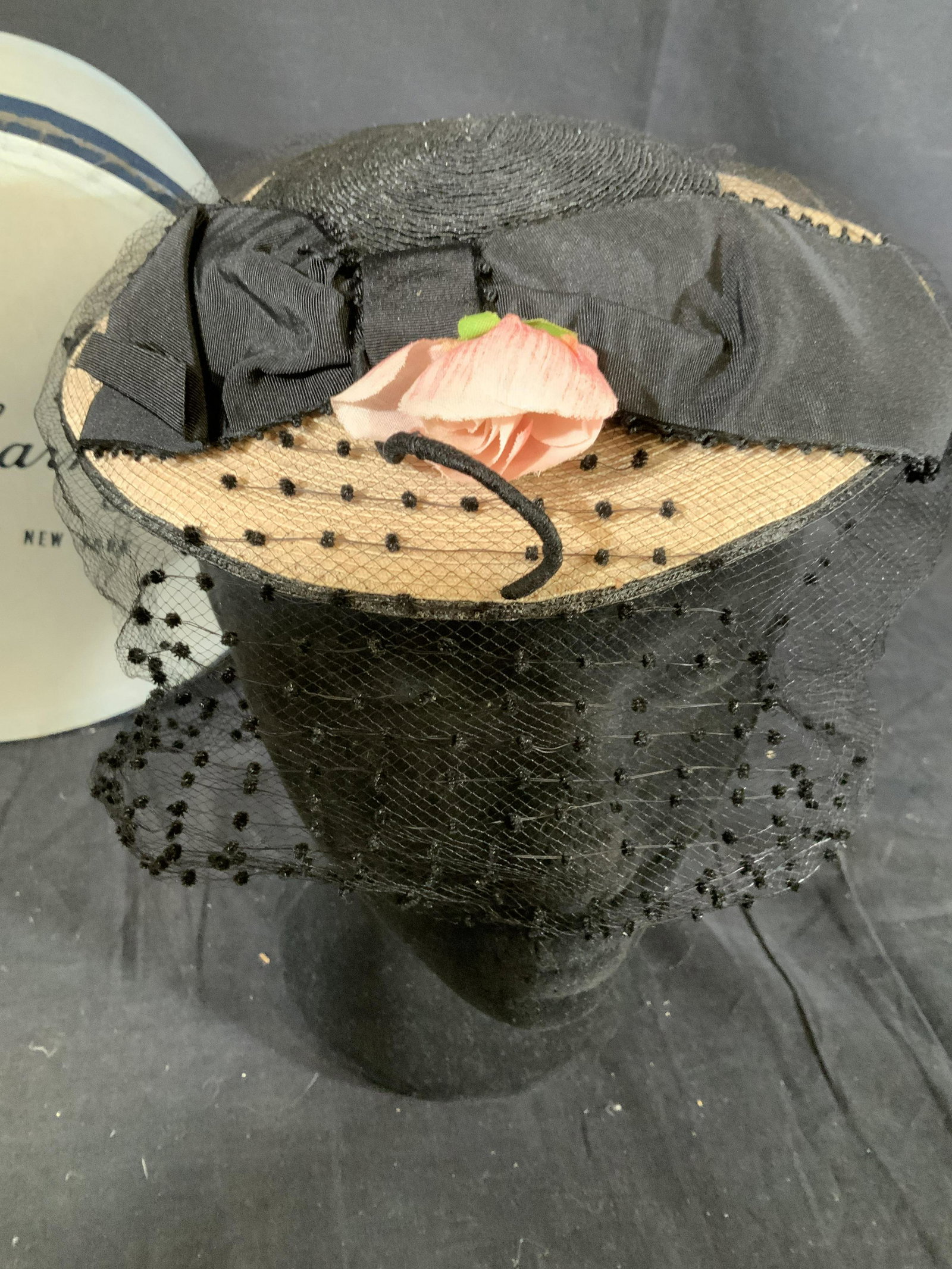 HATTIE CARNEGIE NEW YORK hat w Netting: Vintage hat w box, flat saucer like hat two toned Black and Tan, with rose accent, netting and netting tie detailing, vintage hat, evening hat, vintage fashion accessory, outside diameter measures app