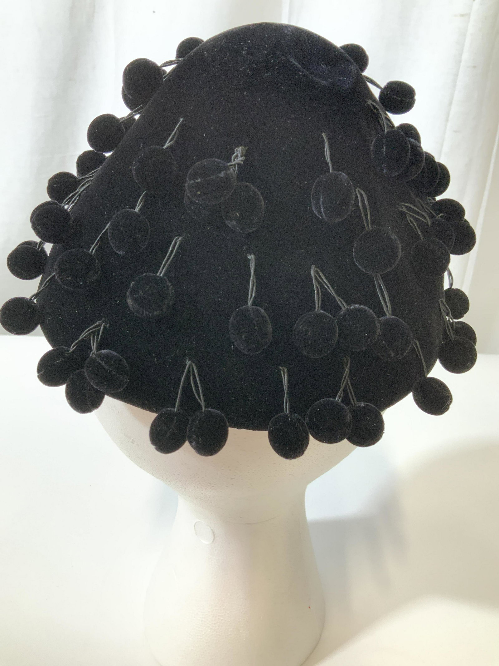HATTIE CARNEGIE NEW YORK, Velvet Evening Hat: Vintage black velvet evening hat with dangling black velvet balls, retro fashion accessory, evening hat, luxury vintage accessory, wearable, collectible evening hat, inside app 7.5 inches diameter
