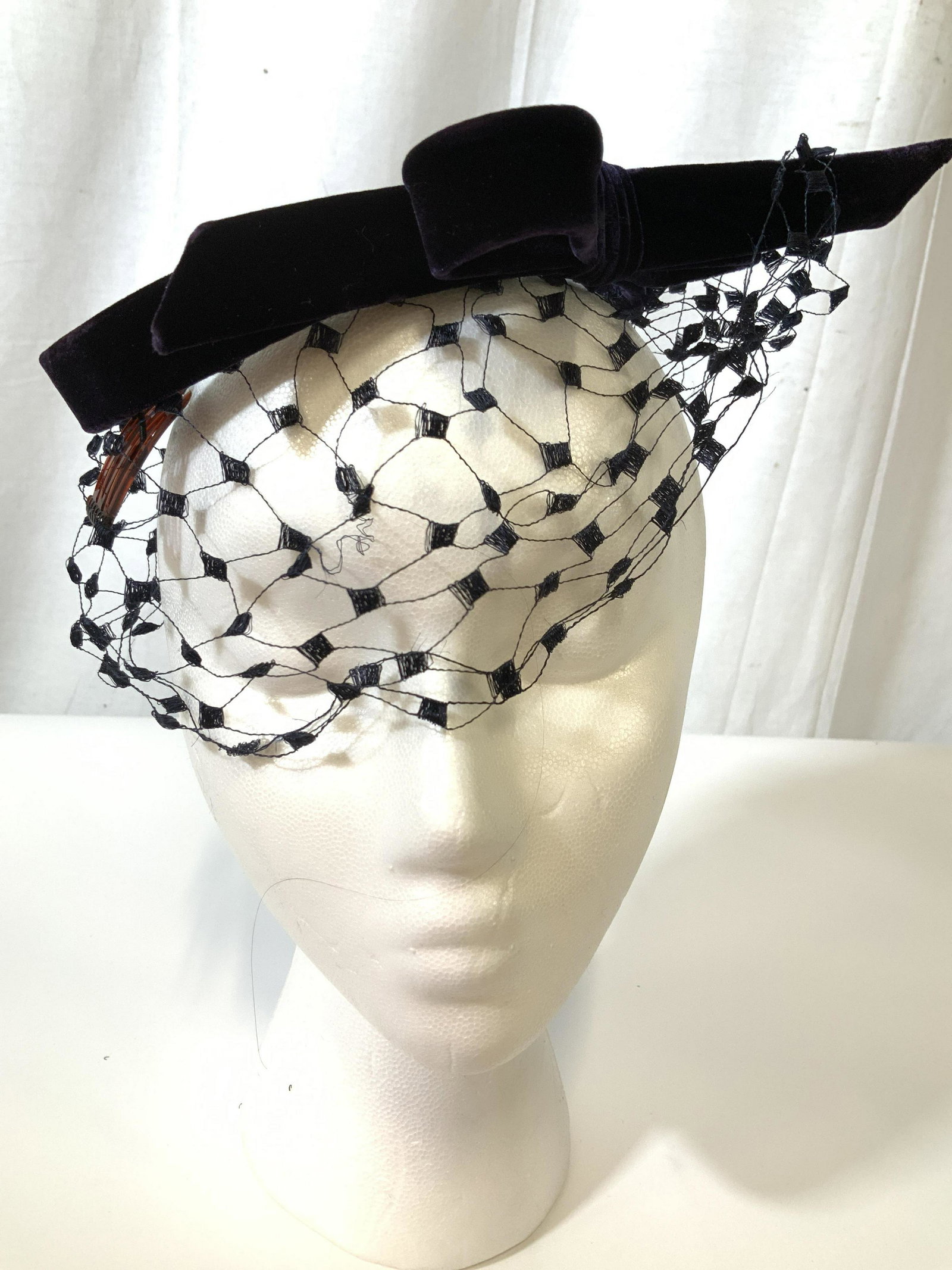 HATTIE CARNEGIE NEW YORK vintage Evening Hat: Deep purple velvet hat with netting, labeled for luxury fashion millinery Hattie Carnegie, evening wear, vintage fashion accessory, collectible vintage