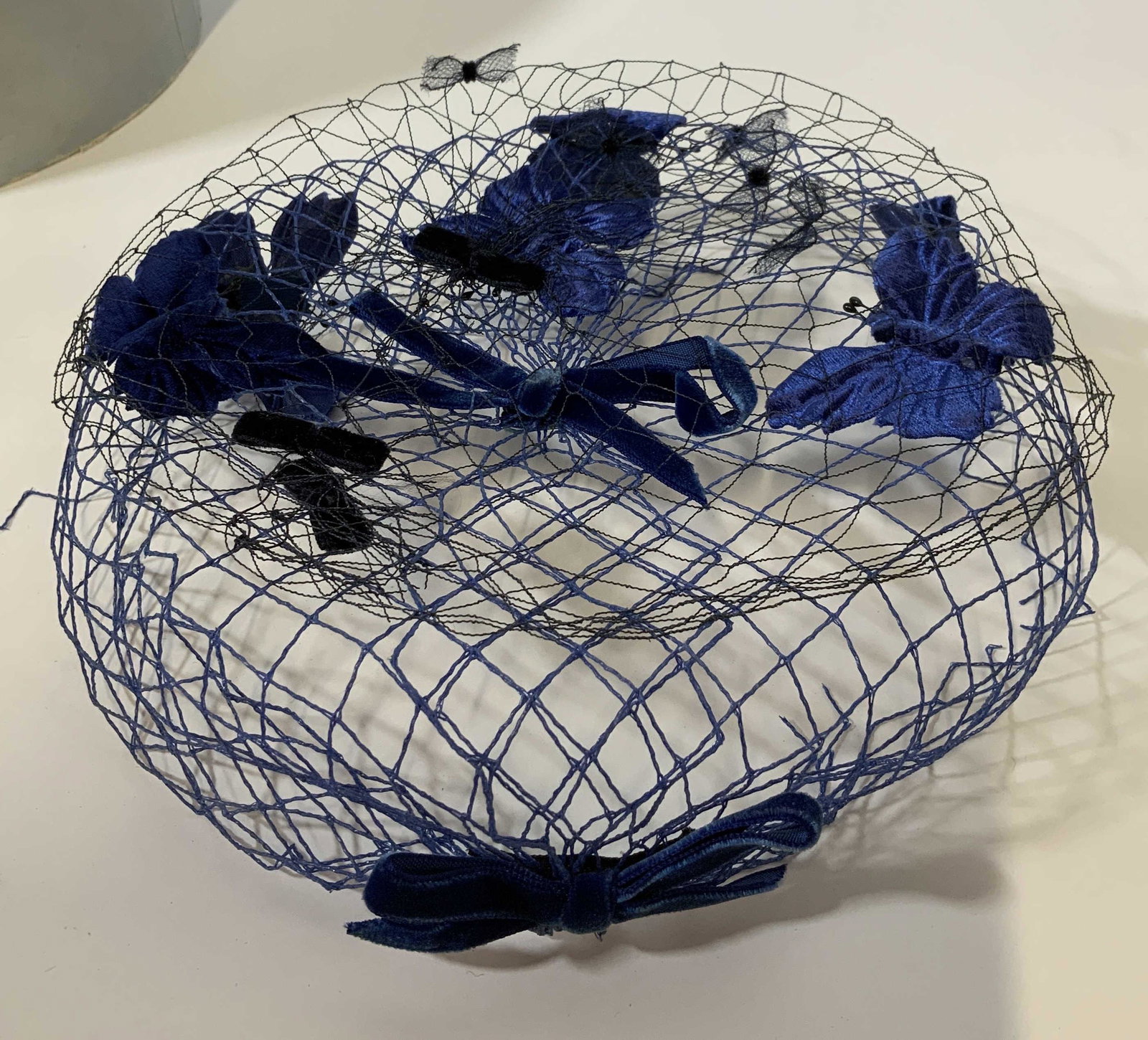HATTIE CARNEGIE NEW YORK Butterfly Themed Hat: Blue velvet hat, cap, with netting and blue velvet butterflies, comes with hat box labeled for Hattie New York, vintage fashion accessory, collectible hat, evening hat, retro evening fashion accessory
