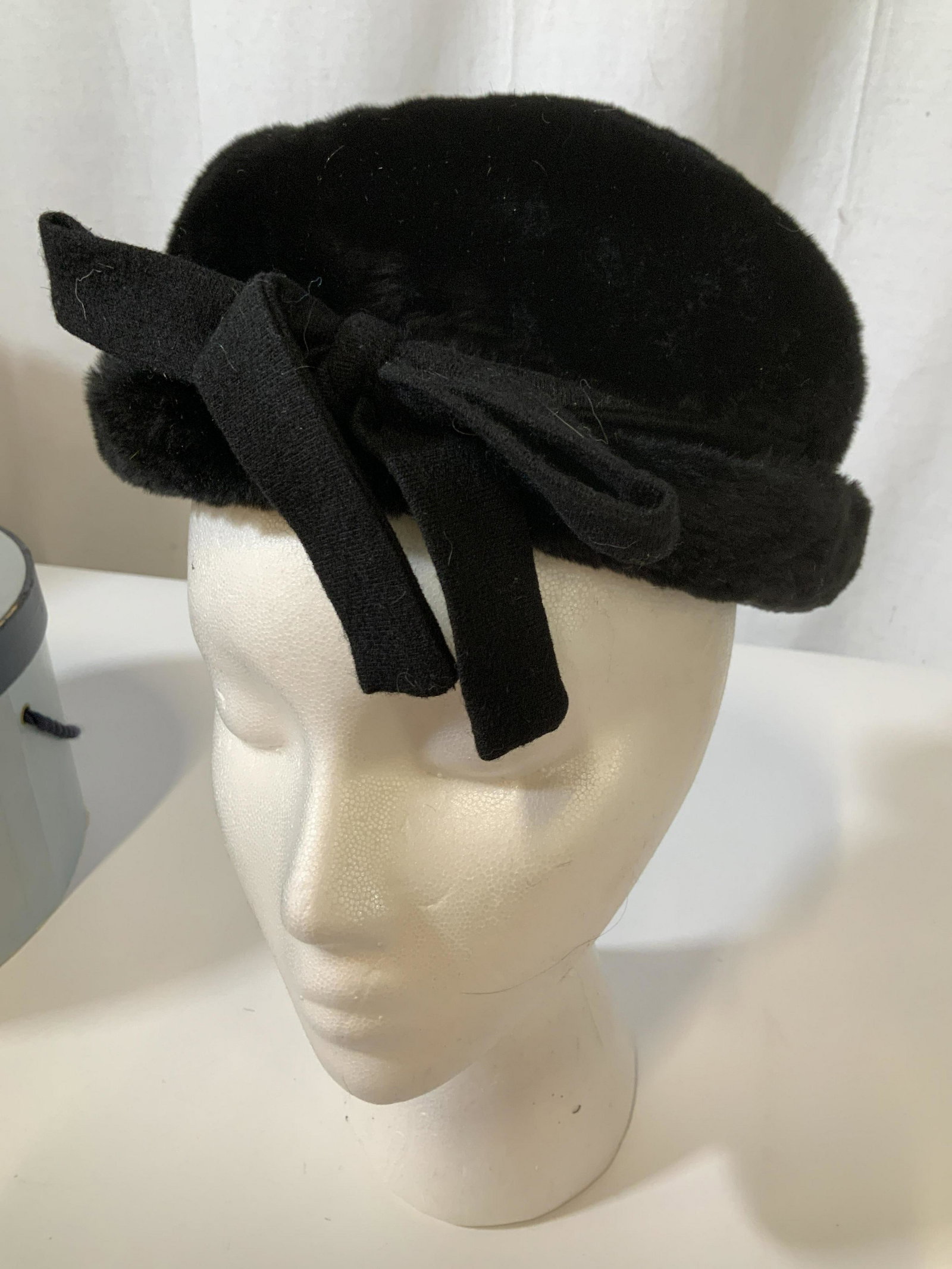 PAULETTE Vintage Millinery Fur Hat: Plush fur hat with black ribbon accent, label for Paulette, fashion accessory, vintage luxury fashion accessory, inside measures diameter app 7.5 inches, adjustable wool ribbon felt ribbon, wool band