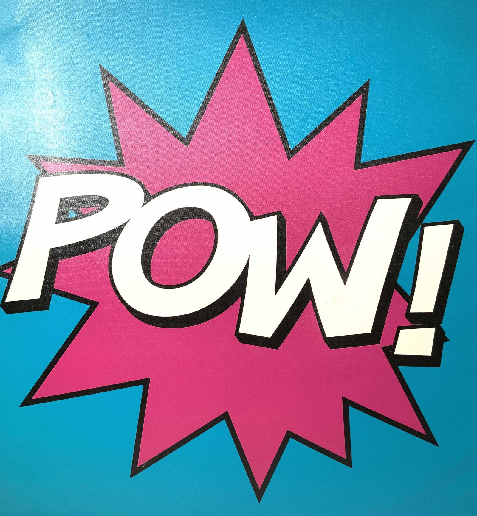 Contemporary POW Pop Artwork on Canvas: One of series of three possibly silkscreen on canvas, possibly spray paint, comic book style POW ! on star burst exclamation, pop art, contemporary art, vivid colors , pop art, measures 32 inches squa