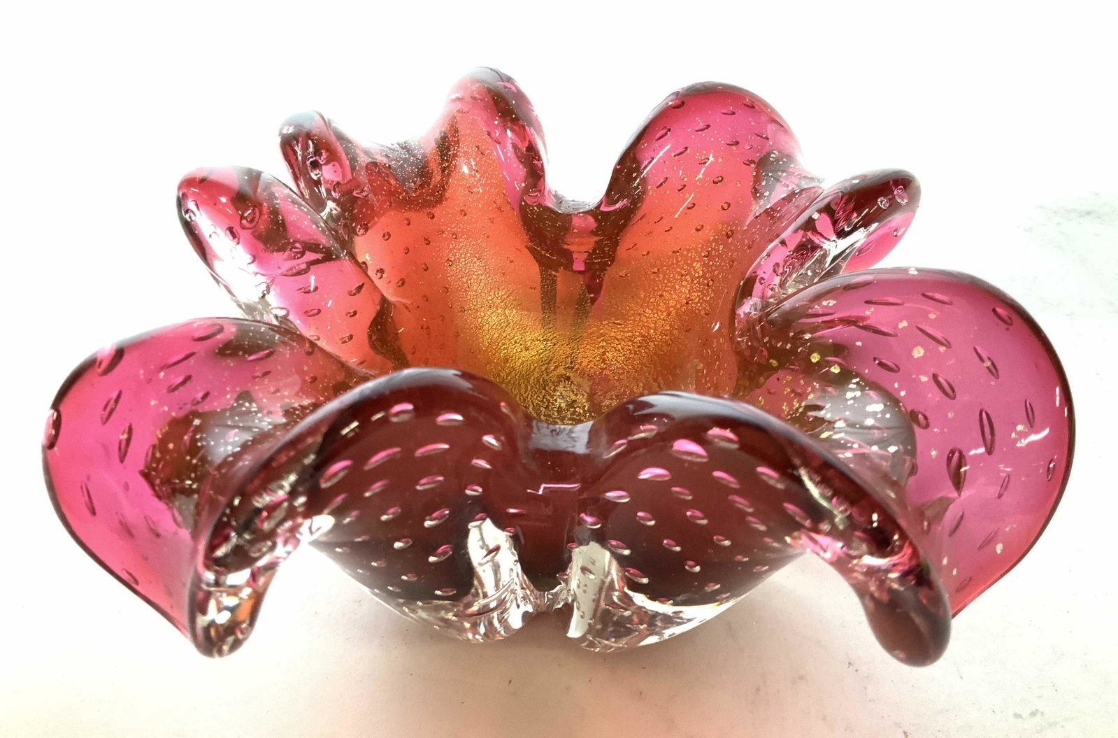 Pink Gold Murano Art Glass Bowl: Collectible art glass, turned out petals in tones of pink and raspberry, gold flecks and center, Italian art glass, Italian decorative arts, luxury home decor, tableware, measures 3 inches ht diameter