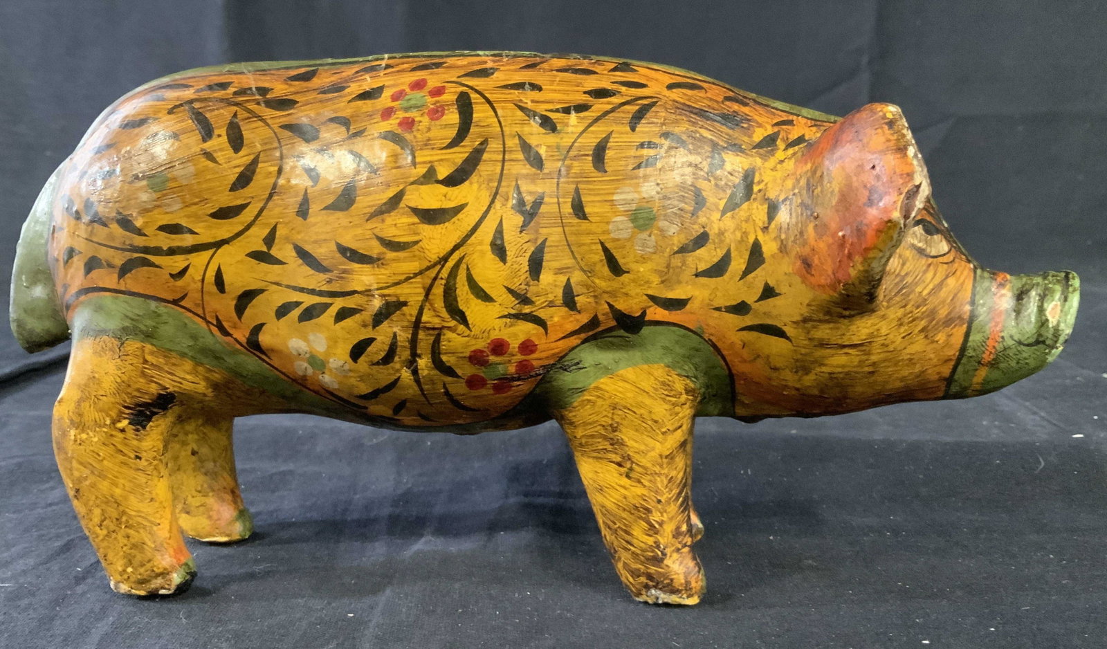 Painted Folk Art Ceramic Pig: Ceramic pottery pig, hand painted, tableware, decorative arts, arts and crafts, measures ht 5 inches, length 10.5 inches width 3.5 inches