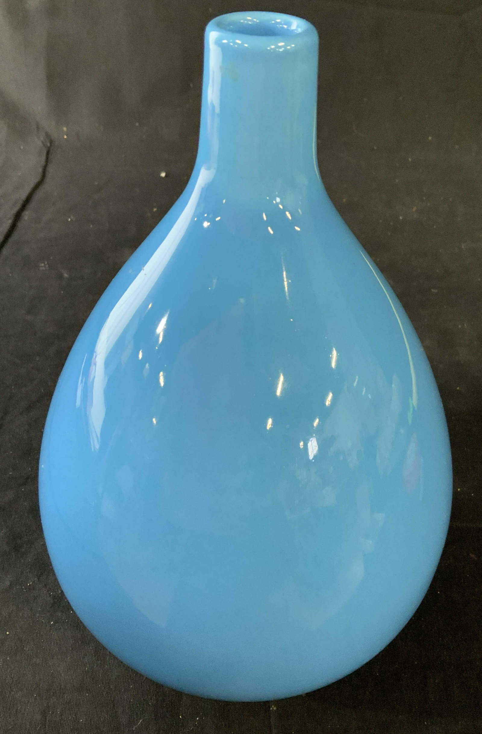 WINGARD Italy Glazed Robins Egg Blue Vase: Label underside reads WINGARD, hand made in Italy, vase, vessel, tableware, Italian decorative arts, deep robins egg blue toned glazing, on glass measures htb10 inches, diameter app 7 inches