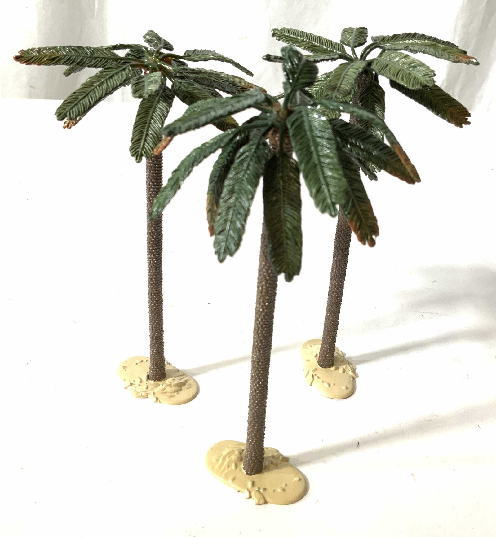 Set 3 Painted Metal Palm Trees: Three table top Figurals, painted metal palm tree forms with moveable adjustable leaves, fun whimsical table top accessories, table decor, decorative arts, each measures ht app 7 inches