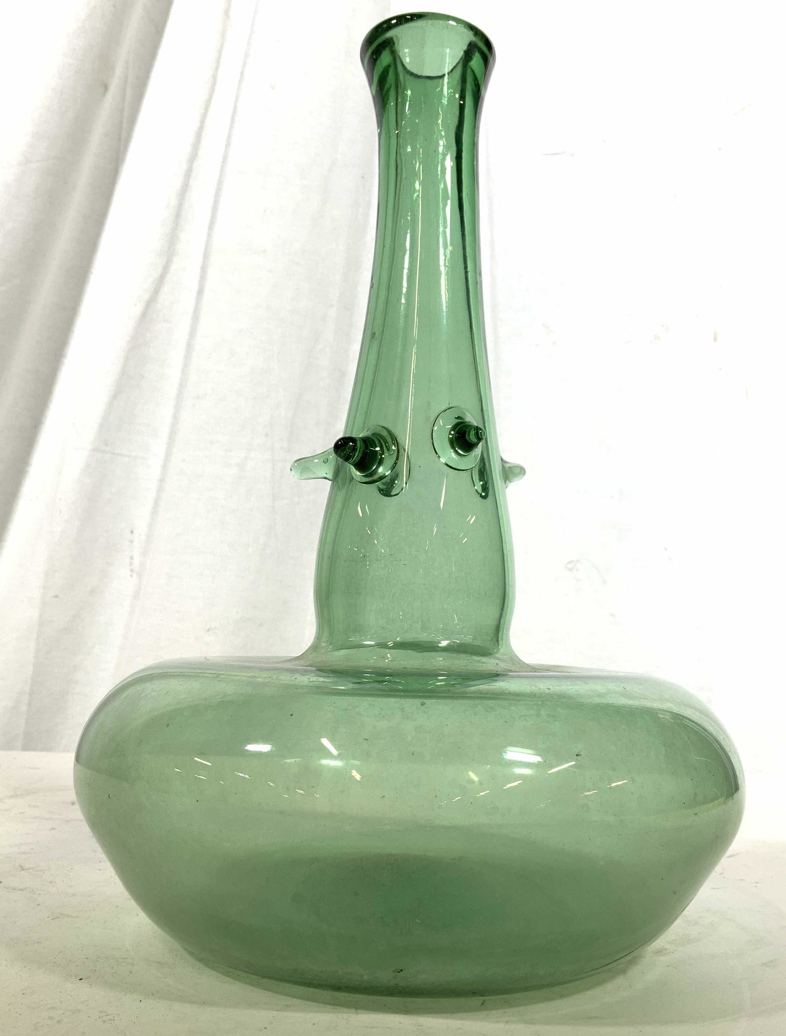 Hand Crafted Vintage Art Glass Vase: Green toned art glass in Genie Bottle Shape, with glass relief accents circling the neck, vase, vessel, collectible art glass, tableware, decorative arts, measures ht app 13.5 inches, base diameter ap