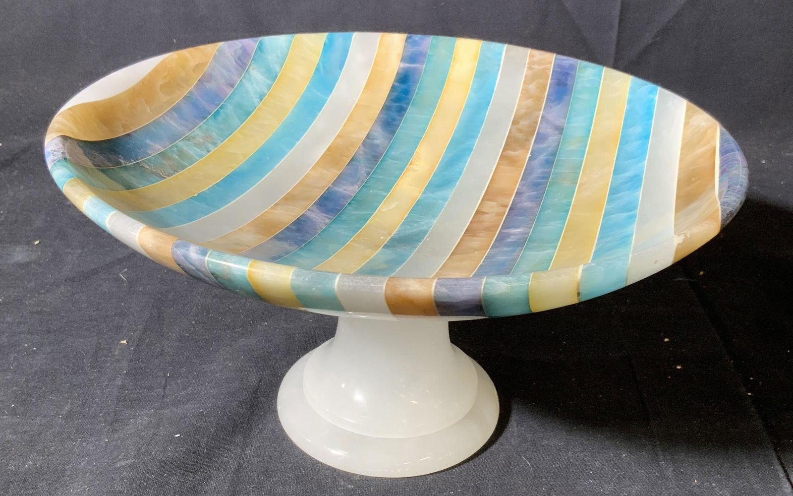Striped Alabaster Pedestal Compote, Italy: Alabaster pedestal Base Compote dish, tazza, dessert stand, pedestal bowl, hand made hand crafted in Italy with colorful stripe pattern to piece, table ware, Italian arts and crafts, Italian decorativ