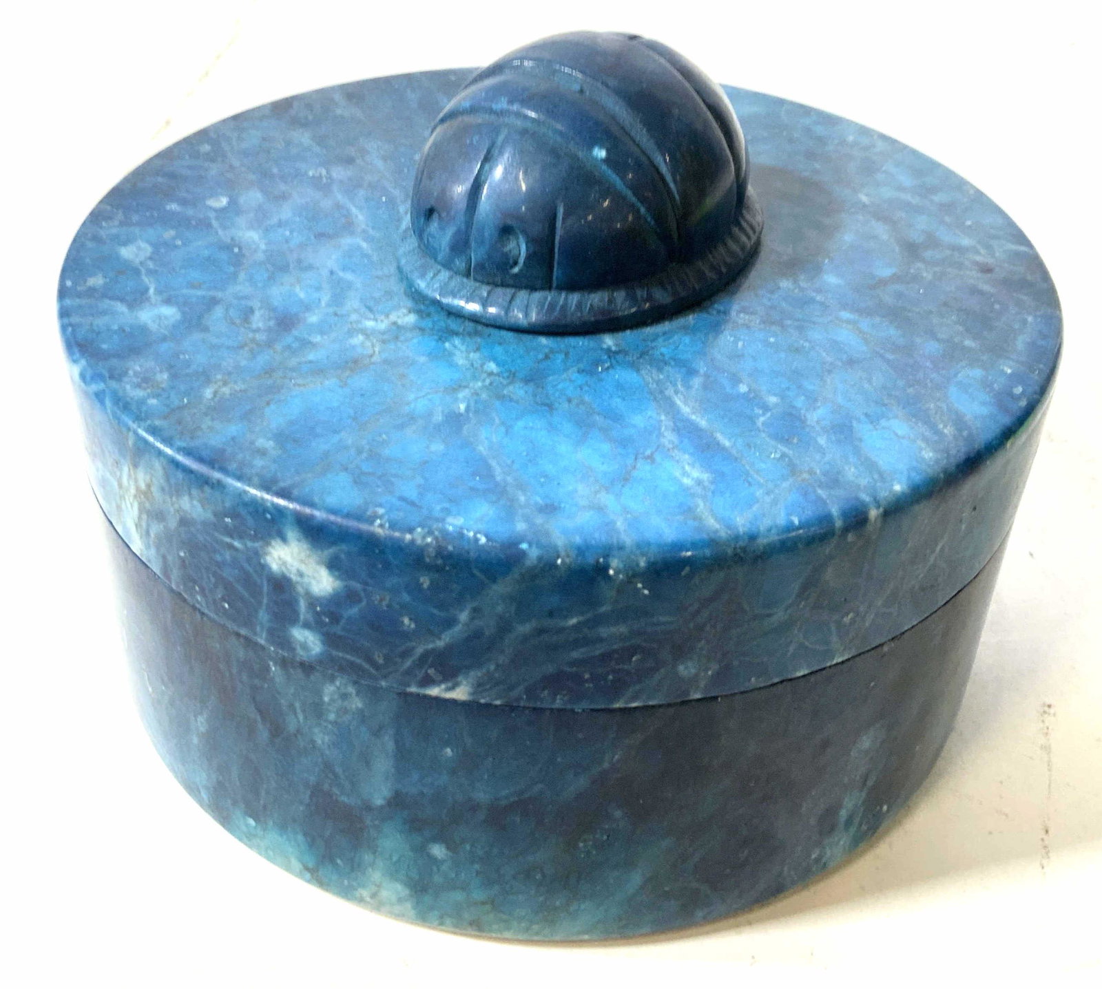 Hand Carved Alabaster Box Italy: Solid stone box, label underside reads hand carved in Italy, genuine alabaster, piece has weight, solid polished stone, tones of blues and teals, lidded decorative box, cylindrical, shape, lid has car