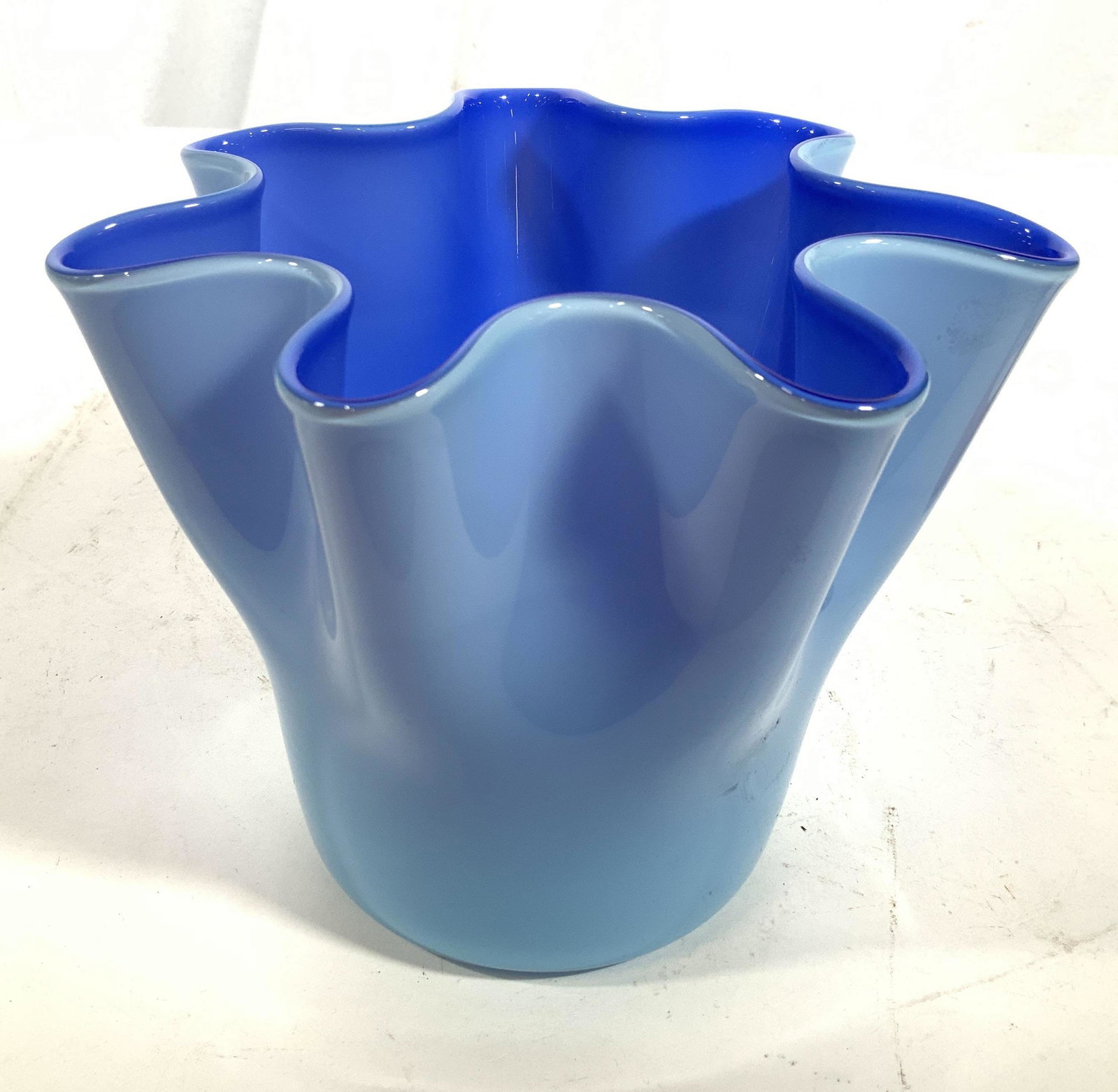 Signed Two Tone Blue Violet Art Glass Vase: Signed illegibly rim of underside, Mid century art glass vase opaque two tone violet blue, ripple rim, vase, vessel, collectible art glass, tableware, decorative arts, hat app 6 inches, diameter 8 inc