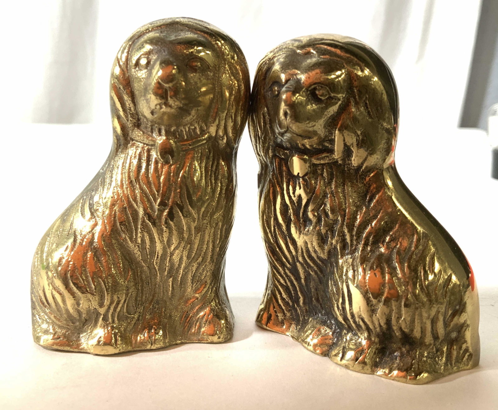Pair of Brass Spaniel Figurals, Vintage: Tableware, collectibles, brass dogs, brass spaniels, label underside reads 1989 made in Korea, vintage brass collectibles, each measures ht 3 inches
