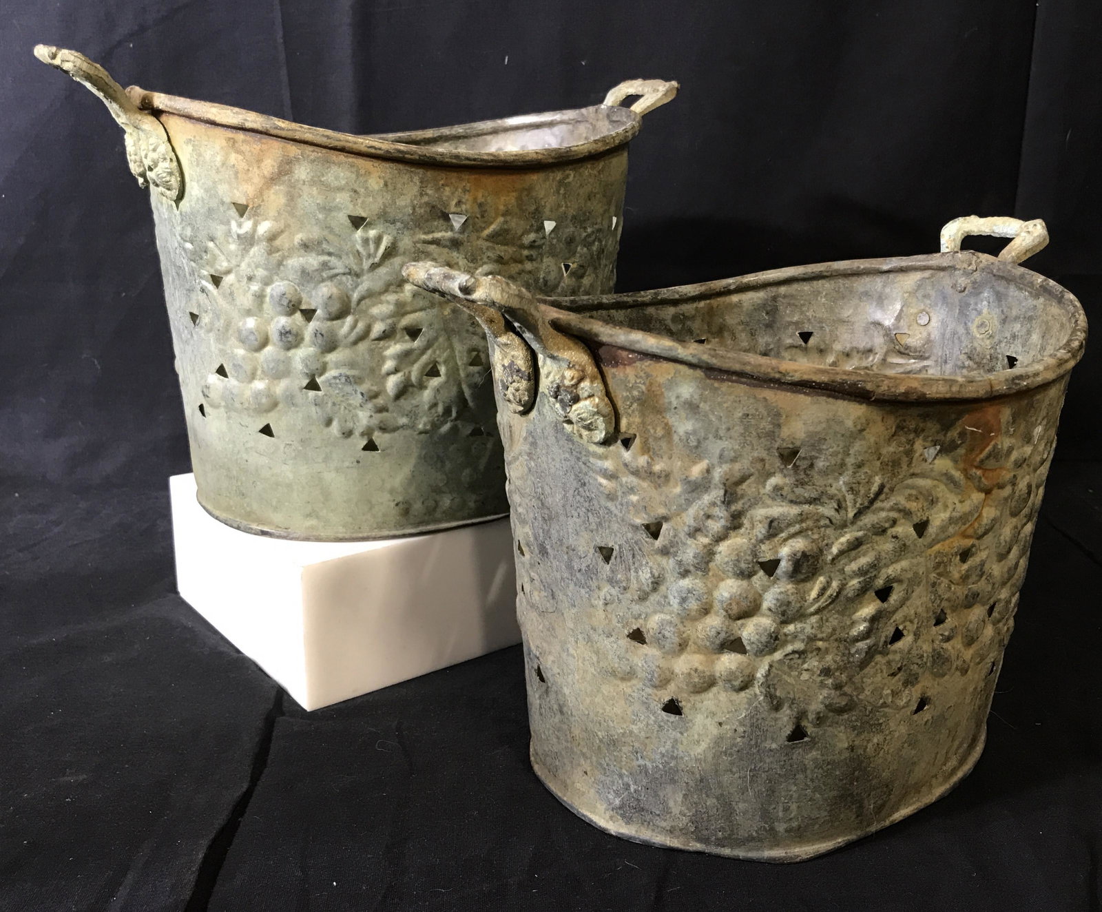 Vintage set of Green Copper Pots: Vintage set of 3 green copper pots, lot includes 2 pots with widest point from handle to handle measuring at 12 inches and 1 pot measuring at 14 inches, all have grapevine designs stamped into them as