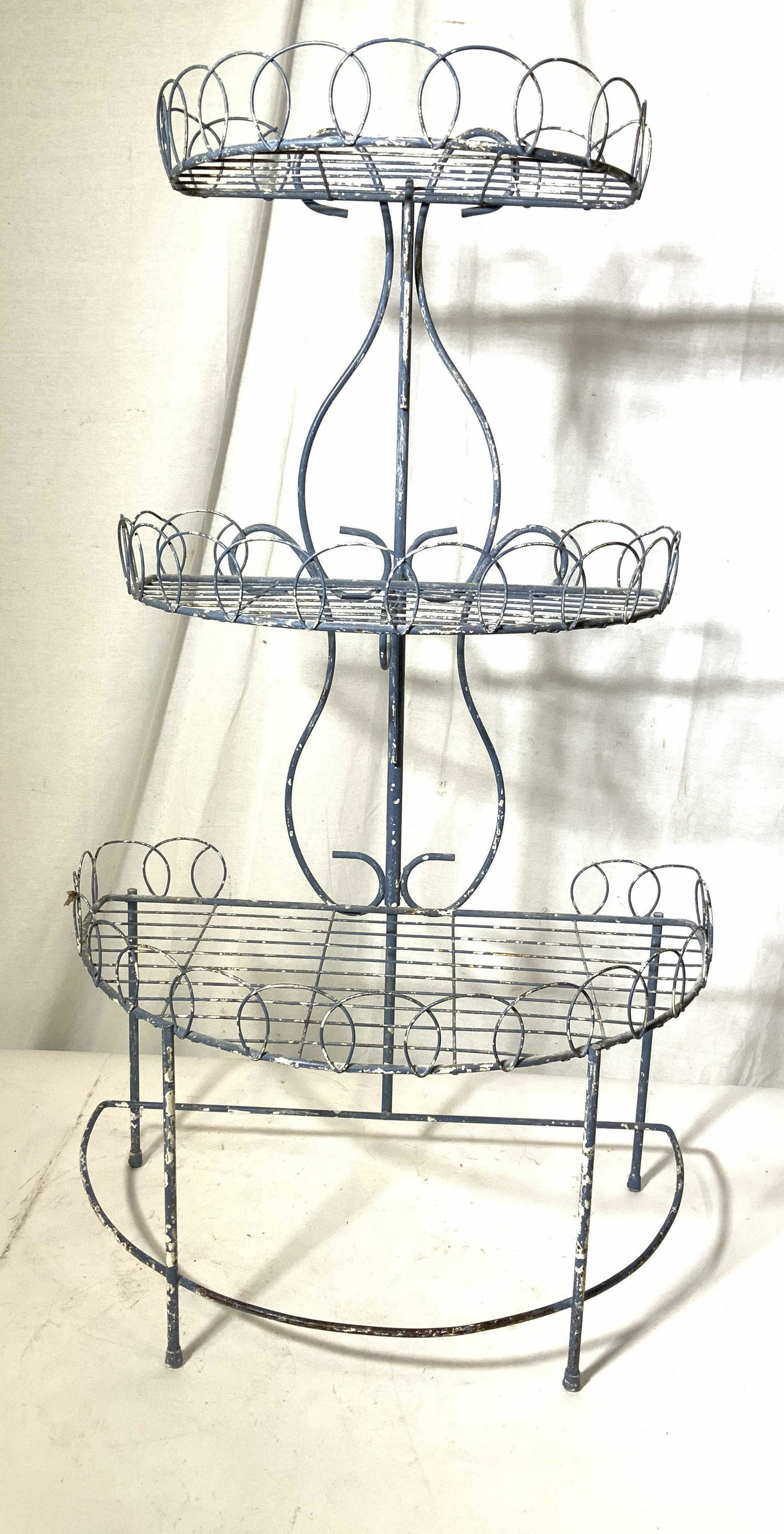 Antique Tiered Metal Plant Stand: Curly metal back drop to wire mesh three shelves and delicate frame, outdoor indoor plant stand garden ornamentation, garden accessory, measures ht 35 inches, length 20 inches, depth 13 inches, Demi l