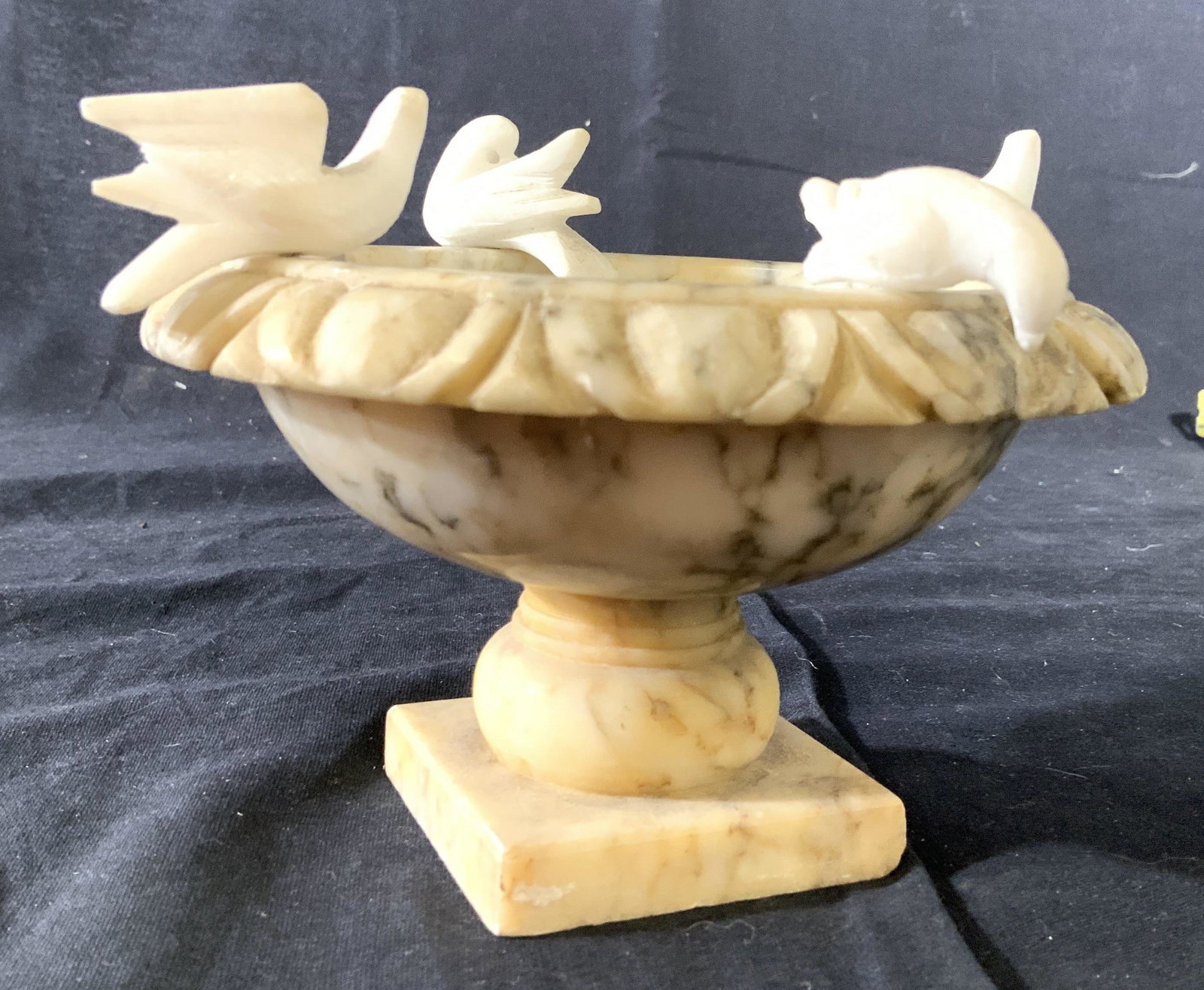Carved White Marble Bird Bath W Birds, Italy: Marked underside for Italy, appears to be hand carved marble pedestal base with scalloped edges upper bowl, birds perched on rim, tableware, decorative accessory, decorative arts, bowl, vessel, measur