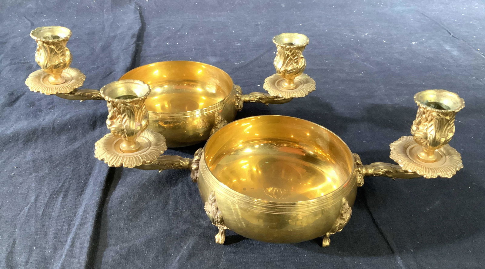 Antique Gilded Metal Candle Stick Finger Bowls: Pair of Finger or candy dishes , vessels, Bowls Antique Gilded Metal Candle Stick Finger Bowls, unusual pair of gilded metal table accessories, center partial is a bowl, each rests on paw feet, each f