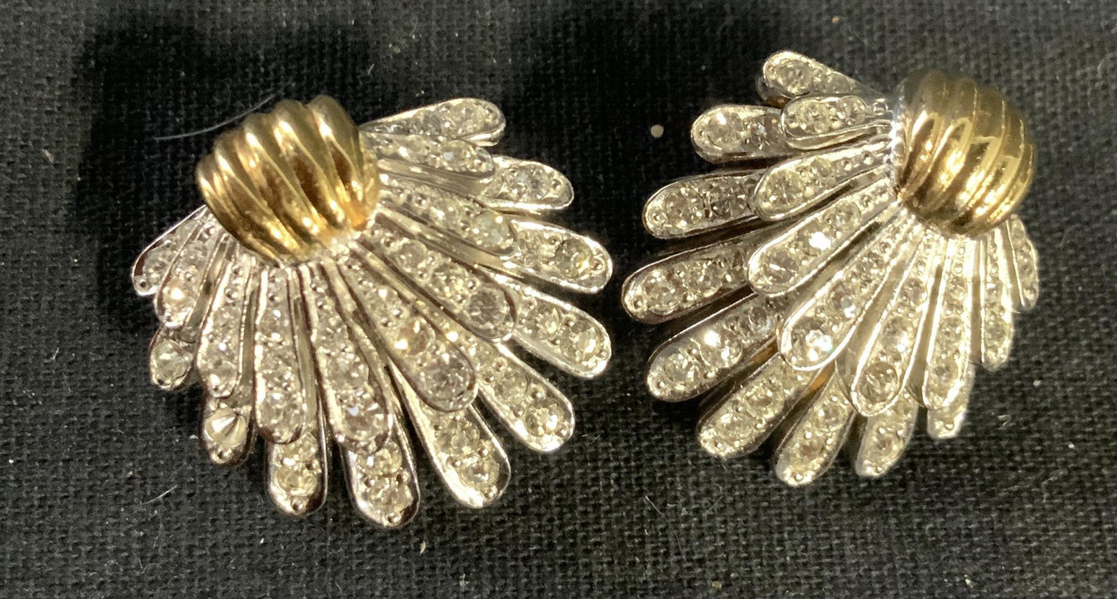 MARCEL BOUCHER Art Deco Clip Earrings: Layered rhinestones on gold plated base, Art Deco earrings by luxury French jewelry designer Marcel Boucher, signed, each measures diameter app 1.25 inches, marcel Boucher (1896-1965) was a French Jew