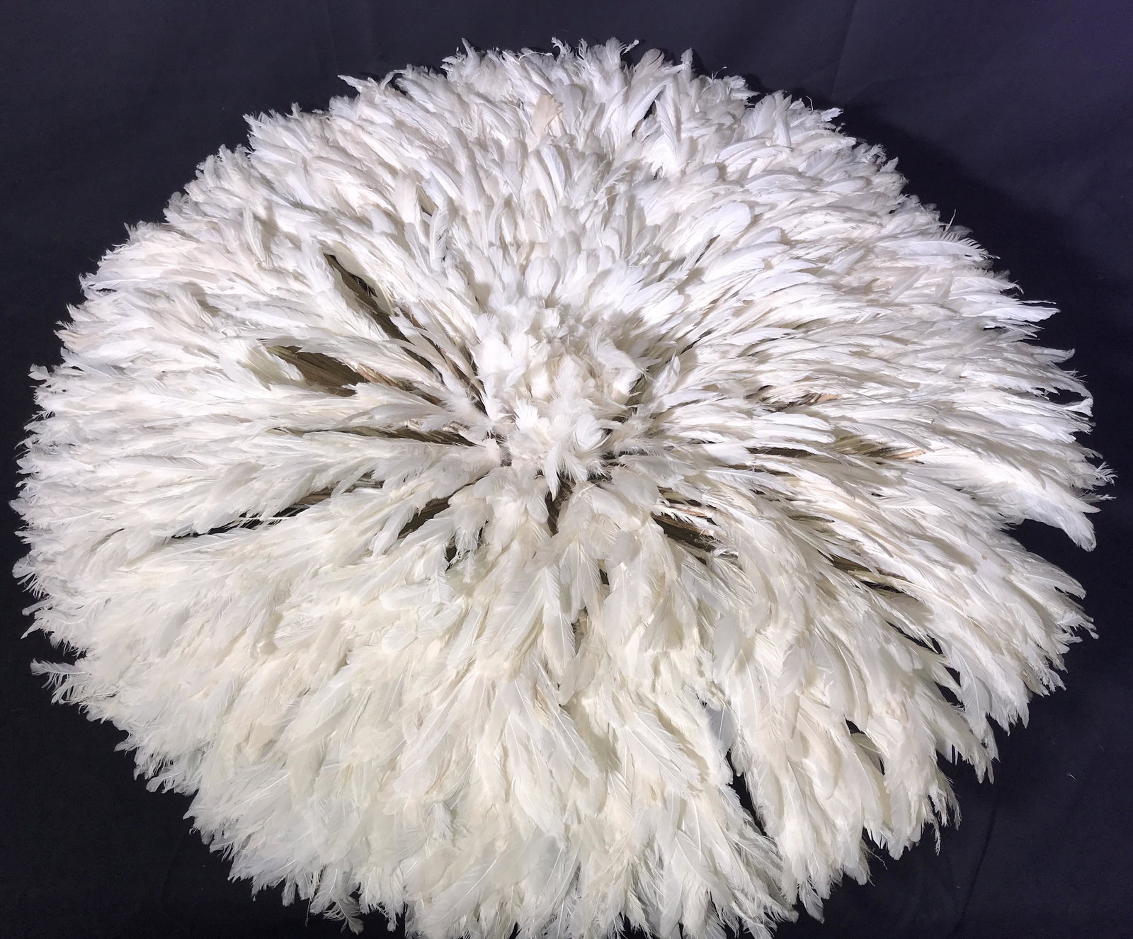 Cameroonian Bamileke Feather Hat: Cameroonian Bamileke feather hat or Juju Hat or Tyn hat, subject consisted white feathers, these hats have origins in Western Cameroon Central Africa used for ceremonial purposes, bases are made of fa