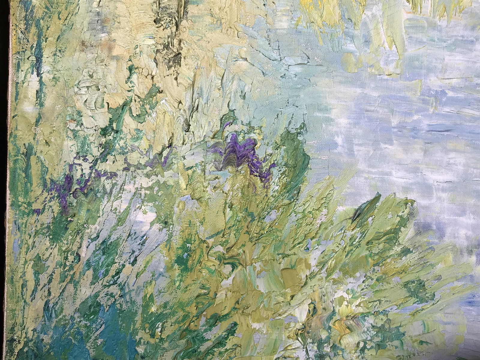 Signed Abstract Expressionist Oil on Canvas: Abstract expressionist style oil on canvas painting, signed in the lower right corner illegibly, subject abstract scene of possibly a pond and flora, bright color palette in various shades of green an