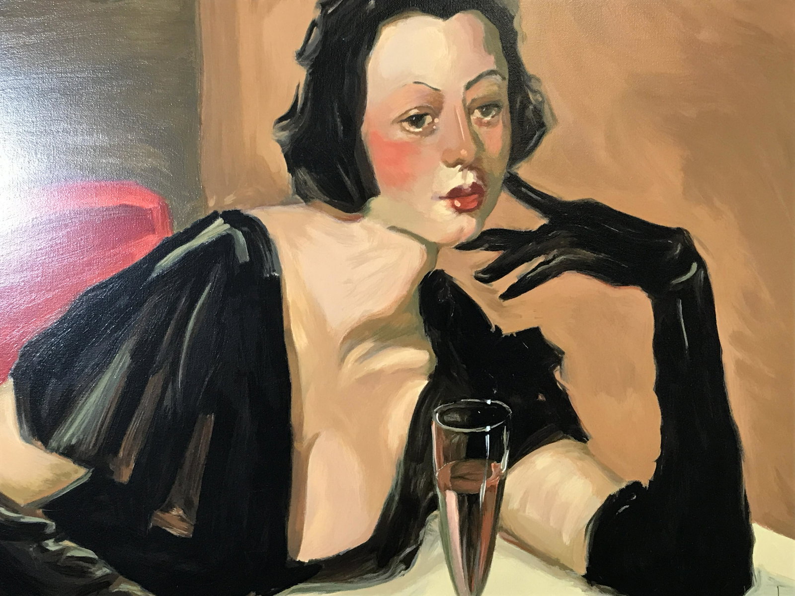 Signed Portrait of a Woman Linda K Smith: Signed portrait of a woman, signed in the lower right corner Linda (illegible middle name) Smith, marked in the lower left corner L/L, subject woman in black dress and gloves at bar with champagne, im