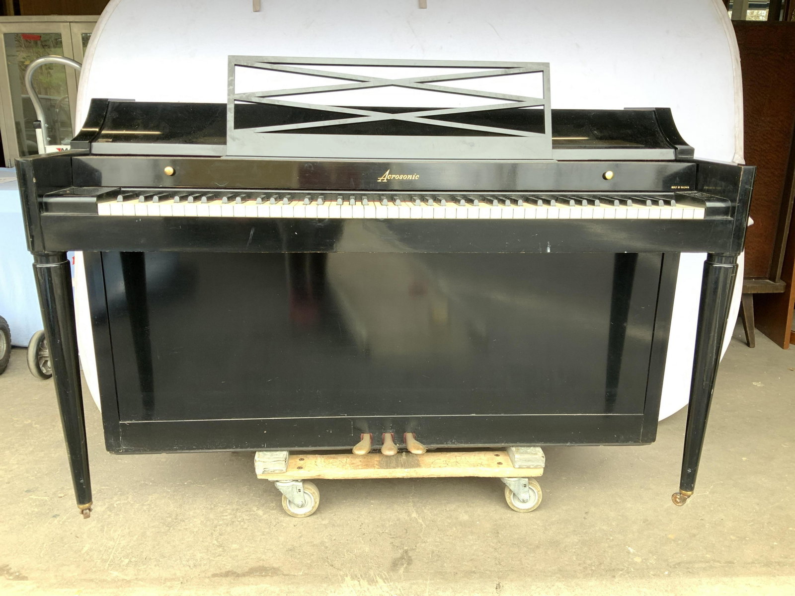 Acrosonic by Baldwin Black Wood Piano: Upright piano, on casters, painted black wood with glossy finish, musical instrument, furniture, piano, keyboard,ht 42 depth 26 inches width 58 inches