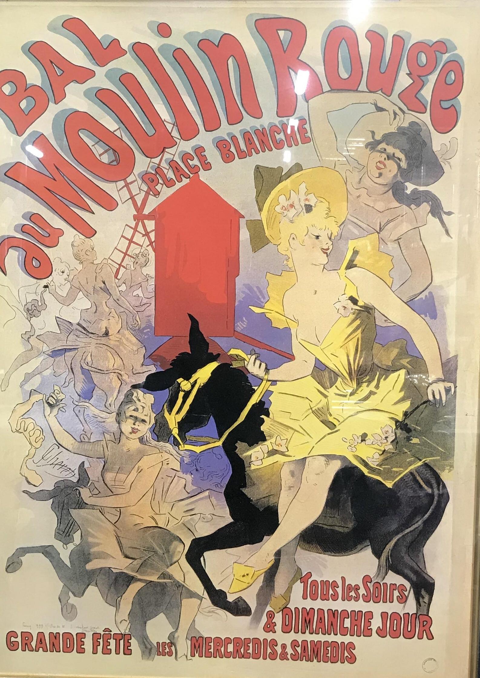 Vintage Bal au Moulin Rouge Advertisement: Vintage Bal au Moulin Rouge Advertisement possibly offset lithograph poster, title in the upper section reads ‘Bal au Moulin Rouge Place Blanche‘ which translates to Ball at the Moulin Rouge at th
