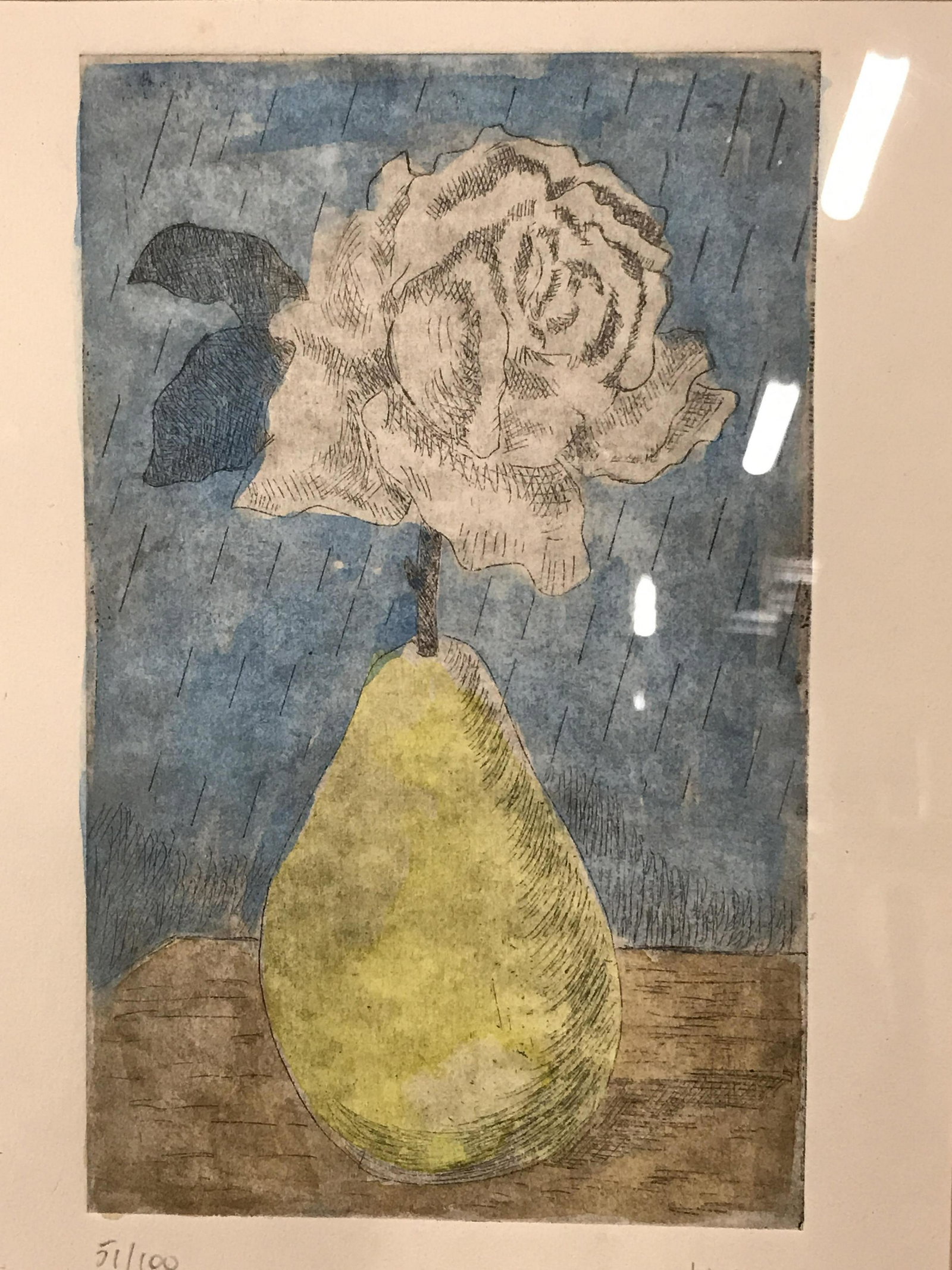 Signed Hand Colored Lithograph Rene Magritte: Signed limited edition hand colored lithograph, signed in the lower right corner Magritte, Edition in the lower left corner 51/100, subject white rose stemming from a pear on a table with a blue rainy
