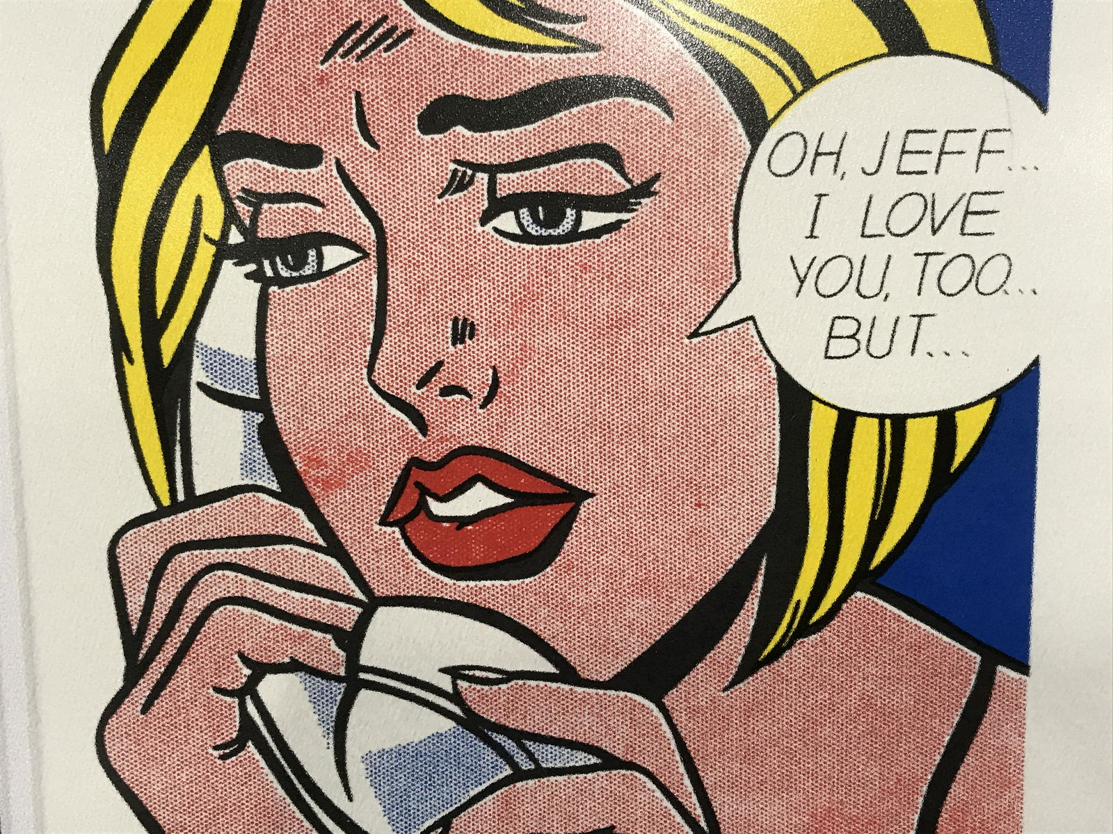 Signed Limited Edition Lithograph Roy Lichtenstein: Signed limited edition lithograph, signature and edition in the lower right corner in pencil reads Lichtenstein 16/100, subject blonde woman in phone with speech bubble reading ‘Oh, Jeff...I love yo