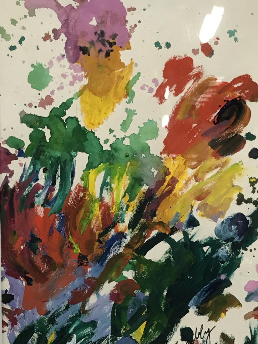 Signed Mixed Media on Paper Cy Twombly: Signed mixed media on paper, possibly gauche watercolor and acrylic paint, signed in black in the lower right corner Cy Twombly, subject an abstract display of bright colors resembling that of flowers