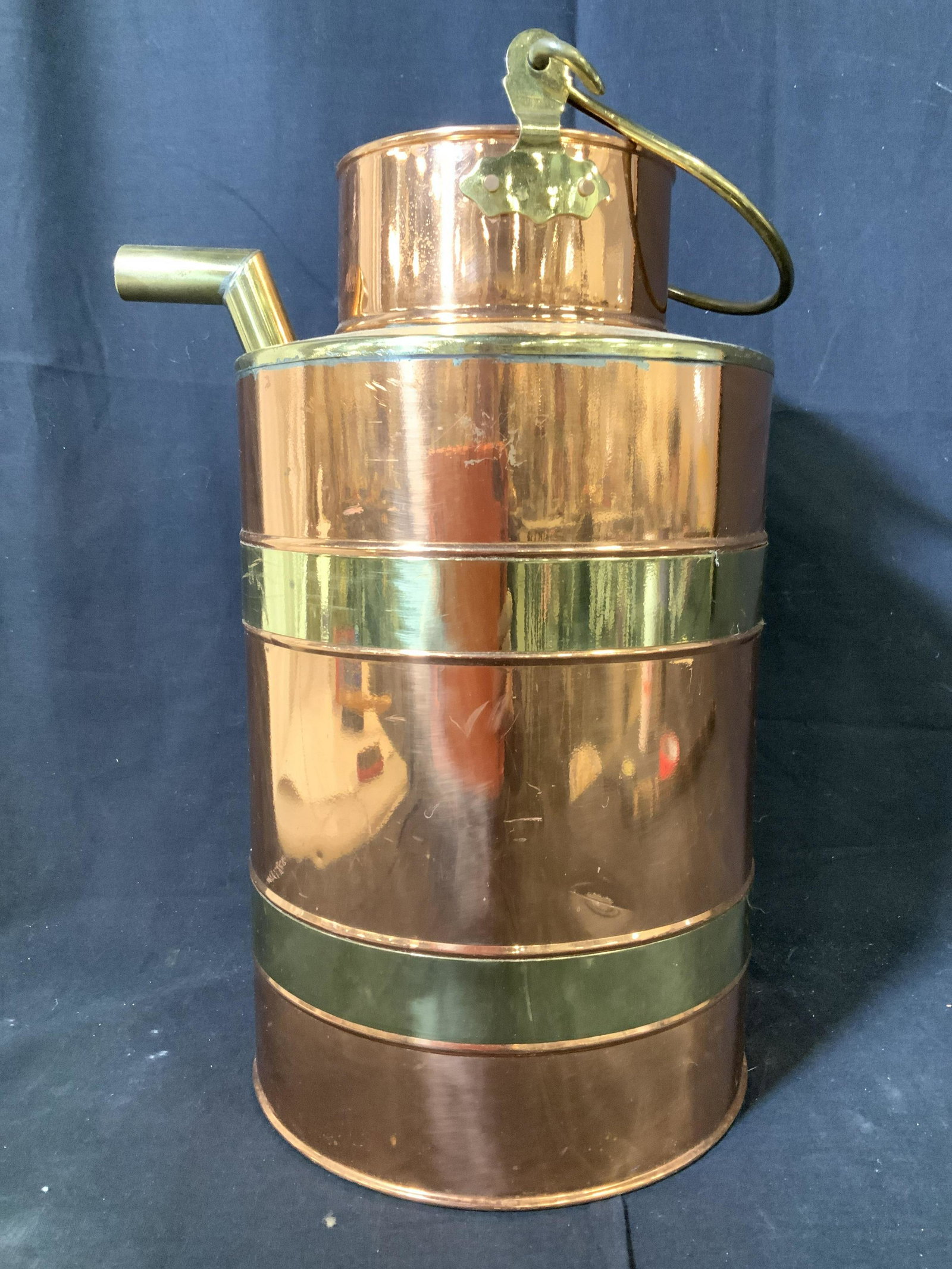 Large Antique Copper Brass Jug w Handles, England: Made in England, copper Vessel w pour spout handle, and extra wood handle possibly for suspension over fire, underside reads made in England, up cycle, vase, decorative accessory, English copper colle