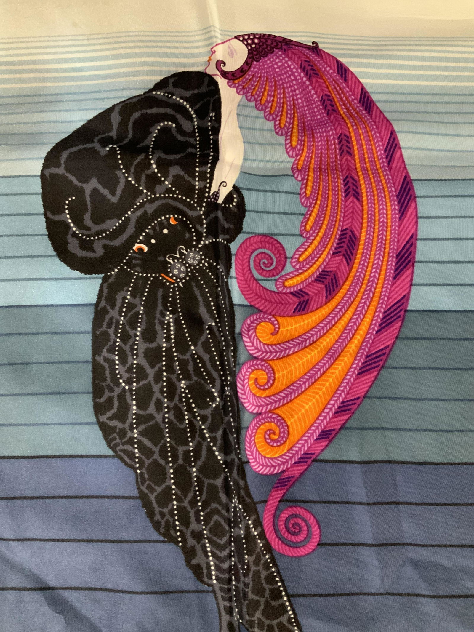 Art Nouveau ERTE Silk Scarf, Italy: ERTE design silk scarf exclusively for Carryback, made in Italy, all silk measures length 54 inches width 12 inches, each side has detailed graphic of female with long flowing violet hair and cat like