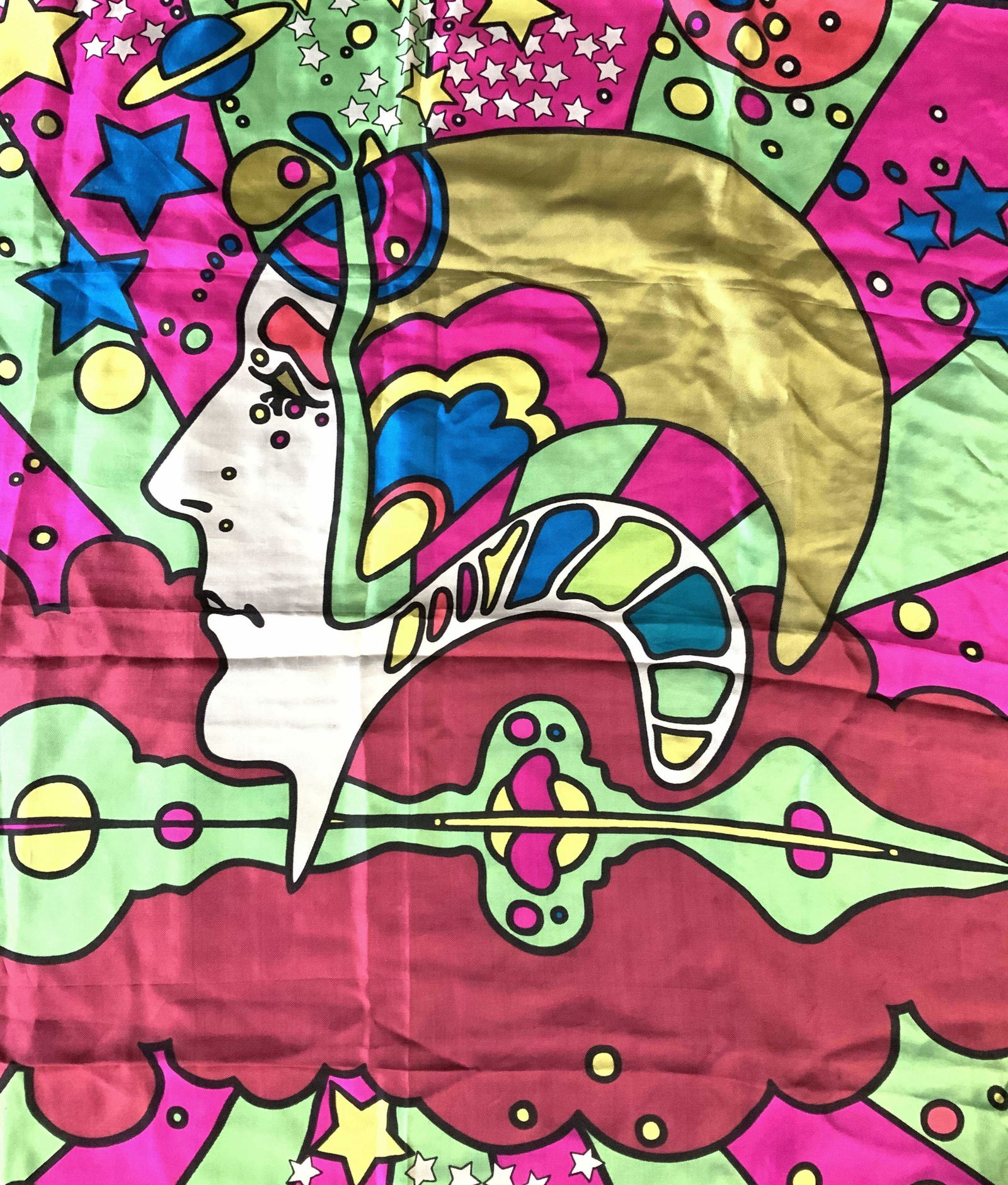 PETER MAX designer Vintage Silk Scarf: Pot art vivid collects designer vintage scarf, signed for Peter Max, reads Peter Max on Silk Scarf, label attached reads Peter Max all silk, Japan, measures app 27 by 26 inches, retro designer scarf,
