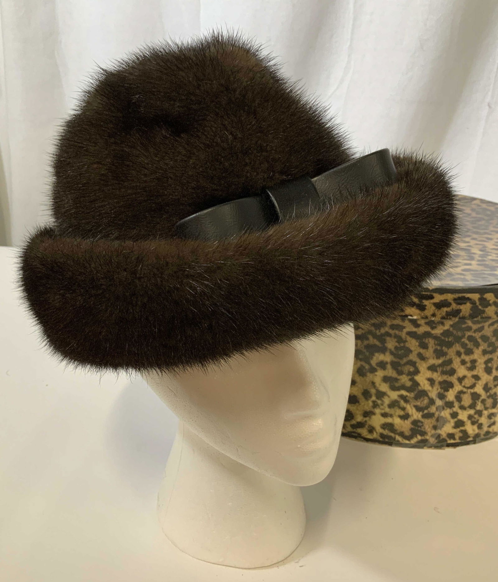 Luxurious Lunaraine Mink Hat w Leather Trim: Luxurious mink hat with brim and accent of leather banding with bow, elegant vintage fur hat, comes with animal print hat box, luxury fashion accessory, exterior of hat as photographed measures app 12